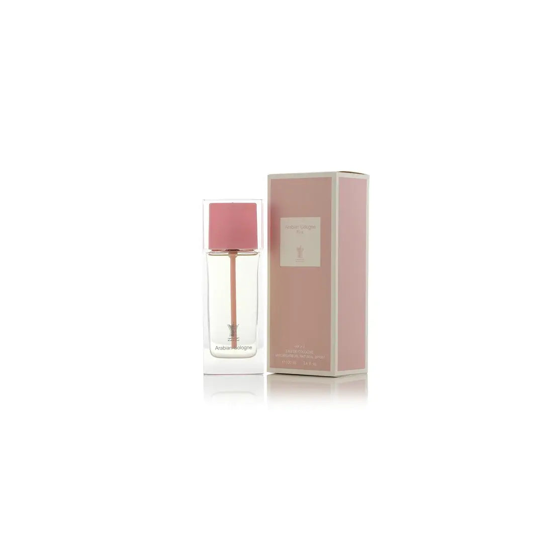 Arabian Cologne Pink perfume bottle with pink cap and label on a white background by Arabian oud @ ArabiaScents