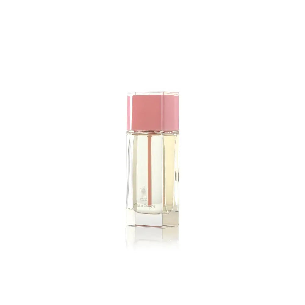 Arabian Cologne Pink perfume bottle with pink cap and label on a white background by Arabian oud @ ArabiaScents
