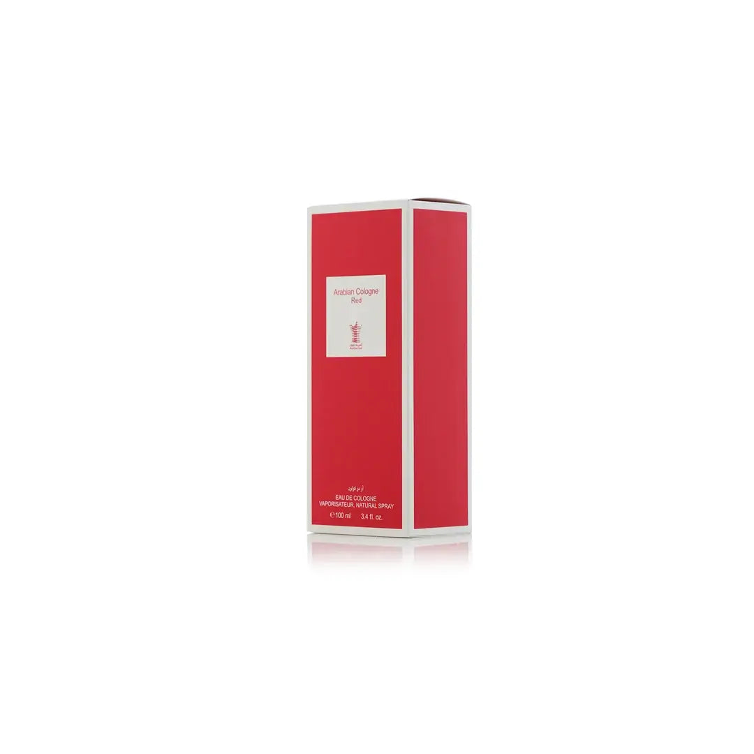 Arabian Cologne Red Perfume bottle with red cap and label on a white background by Arabian oud @ ArabiaScents