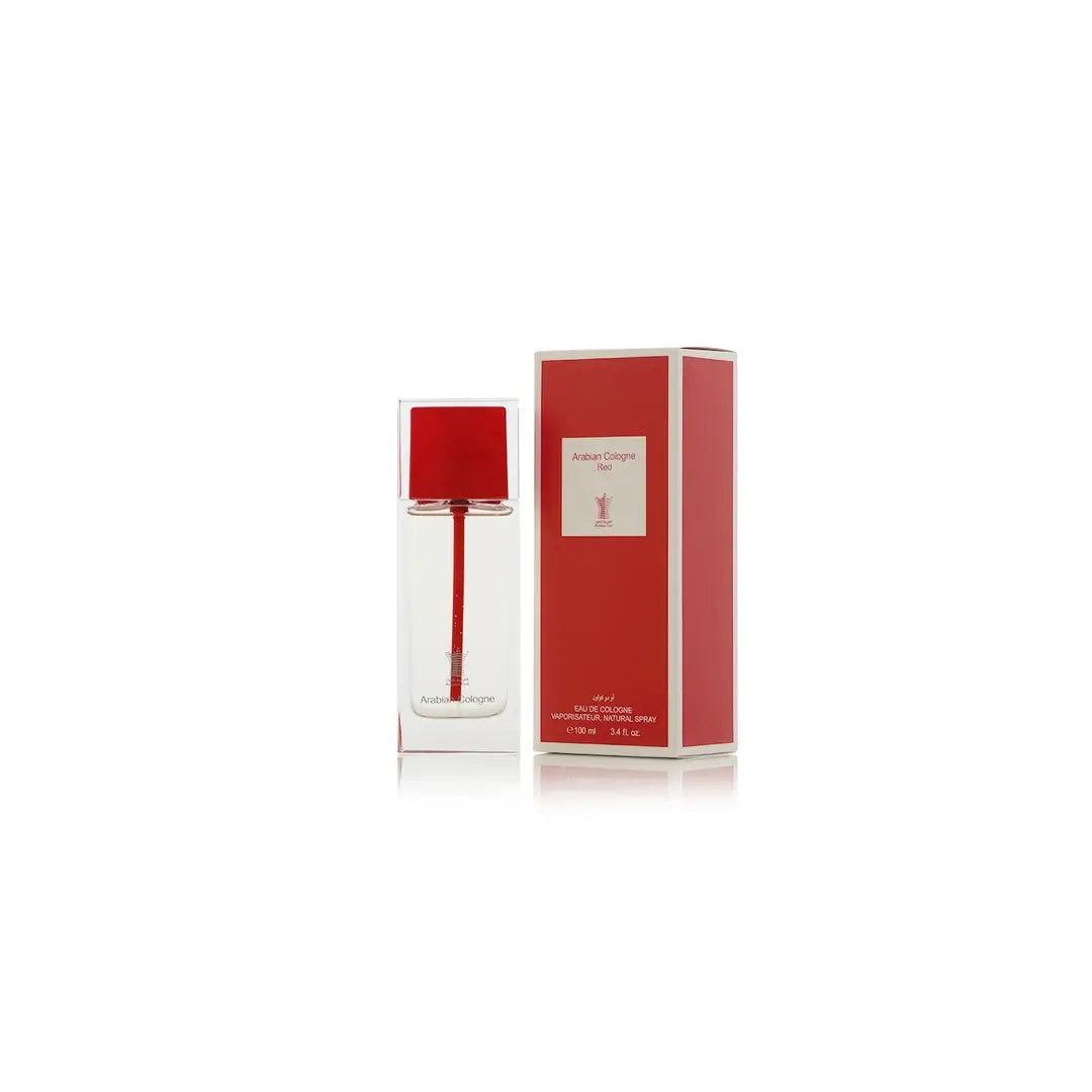 Arabian Cologne Red Perfume bottle with red cap and label on a white background by Arabian oud @ ArabiaScents