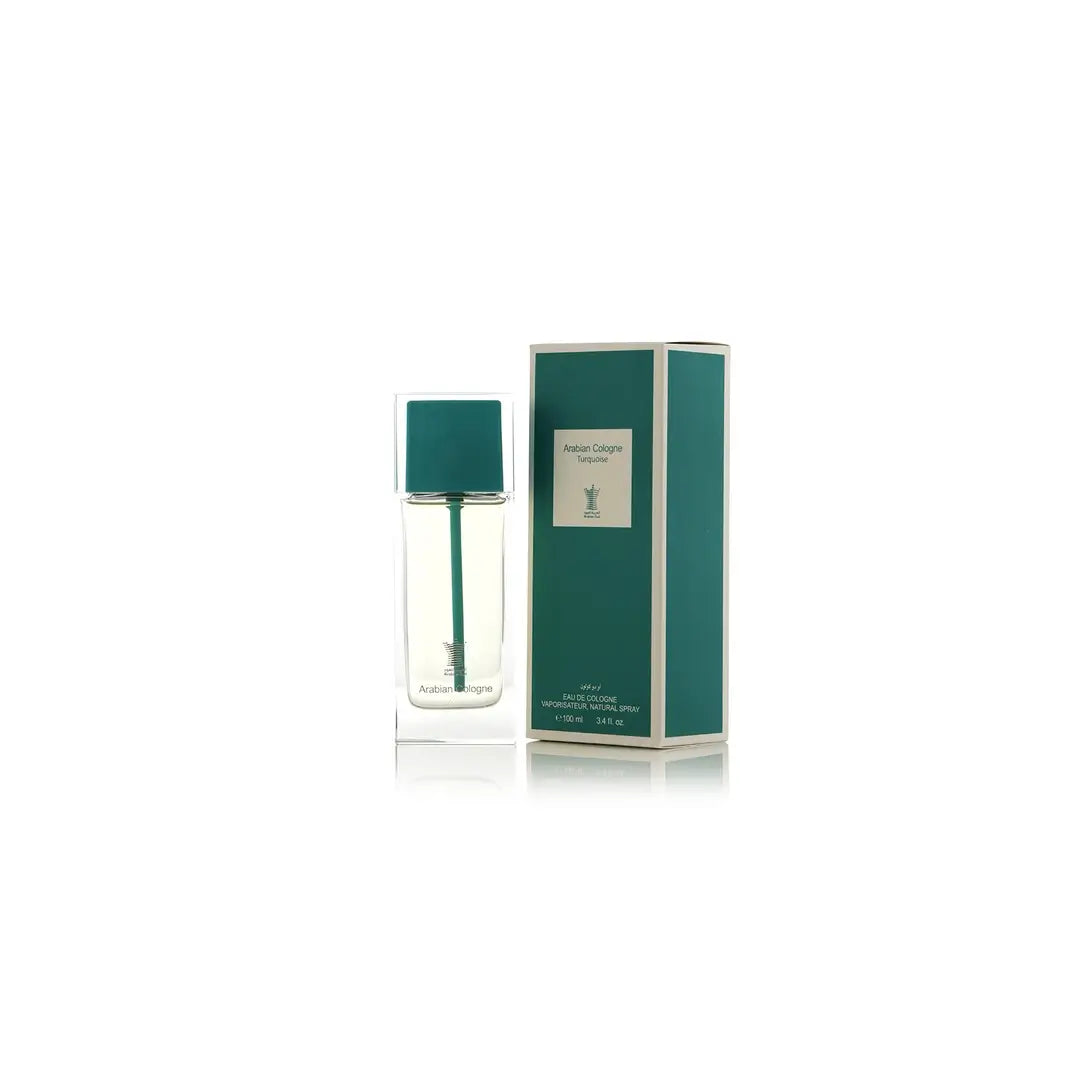 Arabian Cologne Turquoise Perfume bottle and packaging with a green color scheme on a white background by Arabian Oud @ ArabiaScents