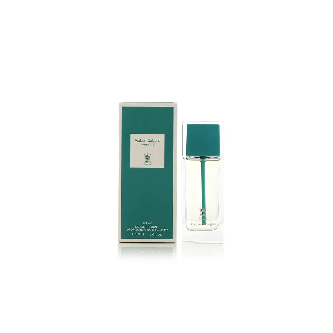 Arabian Cologne Turquoise Perfume bottle and packaging with a green color scheme on a white background by Arabian Oud @ ArabiaScents