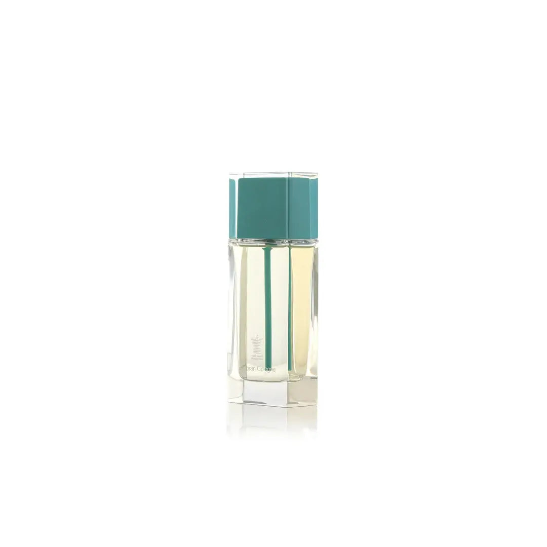 Arabian Cologne Turquoise Perfume bottle with teal cap on a white background by Arabian Oud @ ArabiaScents