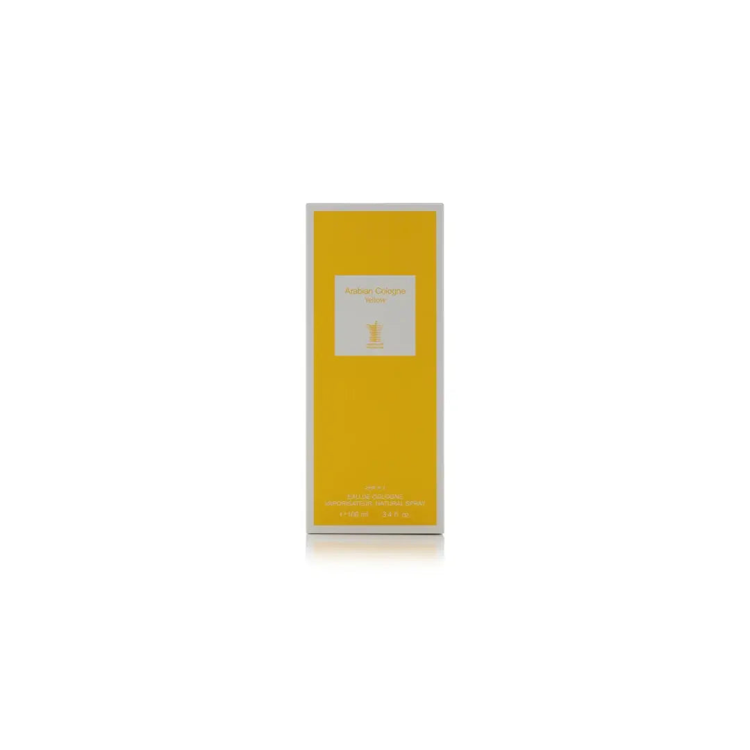 Arabian Cologne Yellow perfume bottle with yellow cap and label on a white background by Arabian oud @ ArabiaScents