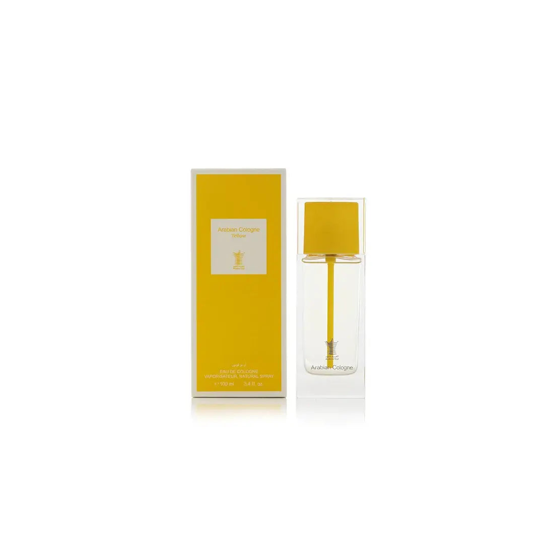 Arabian Cologne Yellow perfume bottle with yellow cap and label on a white background by Arabian oud @ ArabiaScents