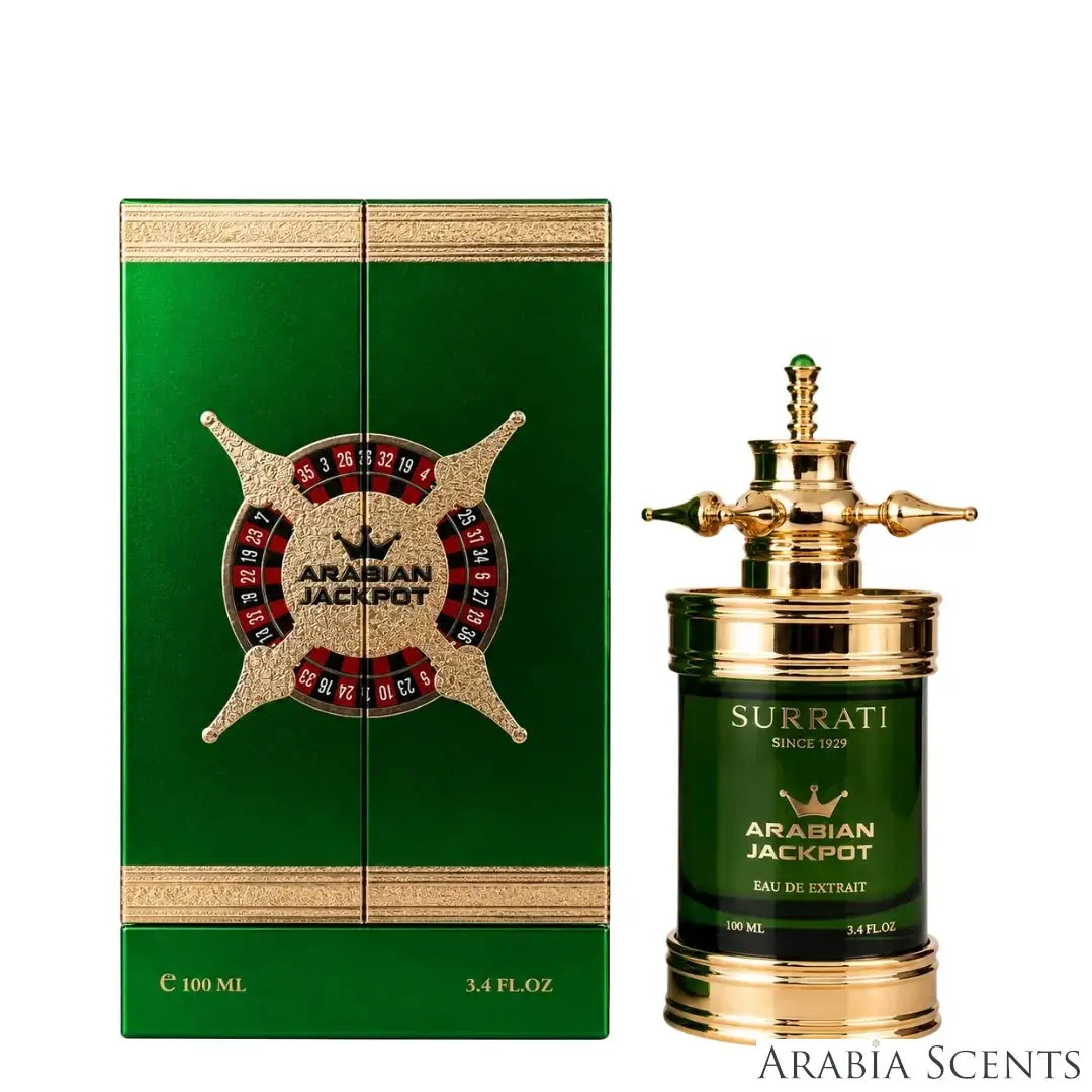'Arabian Jackpot' perfume bottle & packaging on a white background with 'Surrati' branding featured by 'Arabiascents'