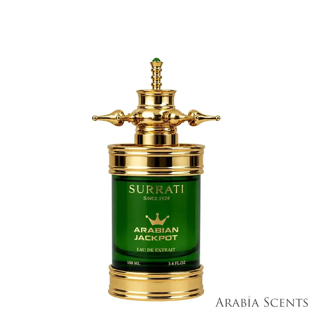 'Arabian Jackpot' perfume bottle on a white background with 'Surrati' branding featured by 'Arabiascents'