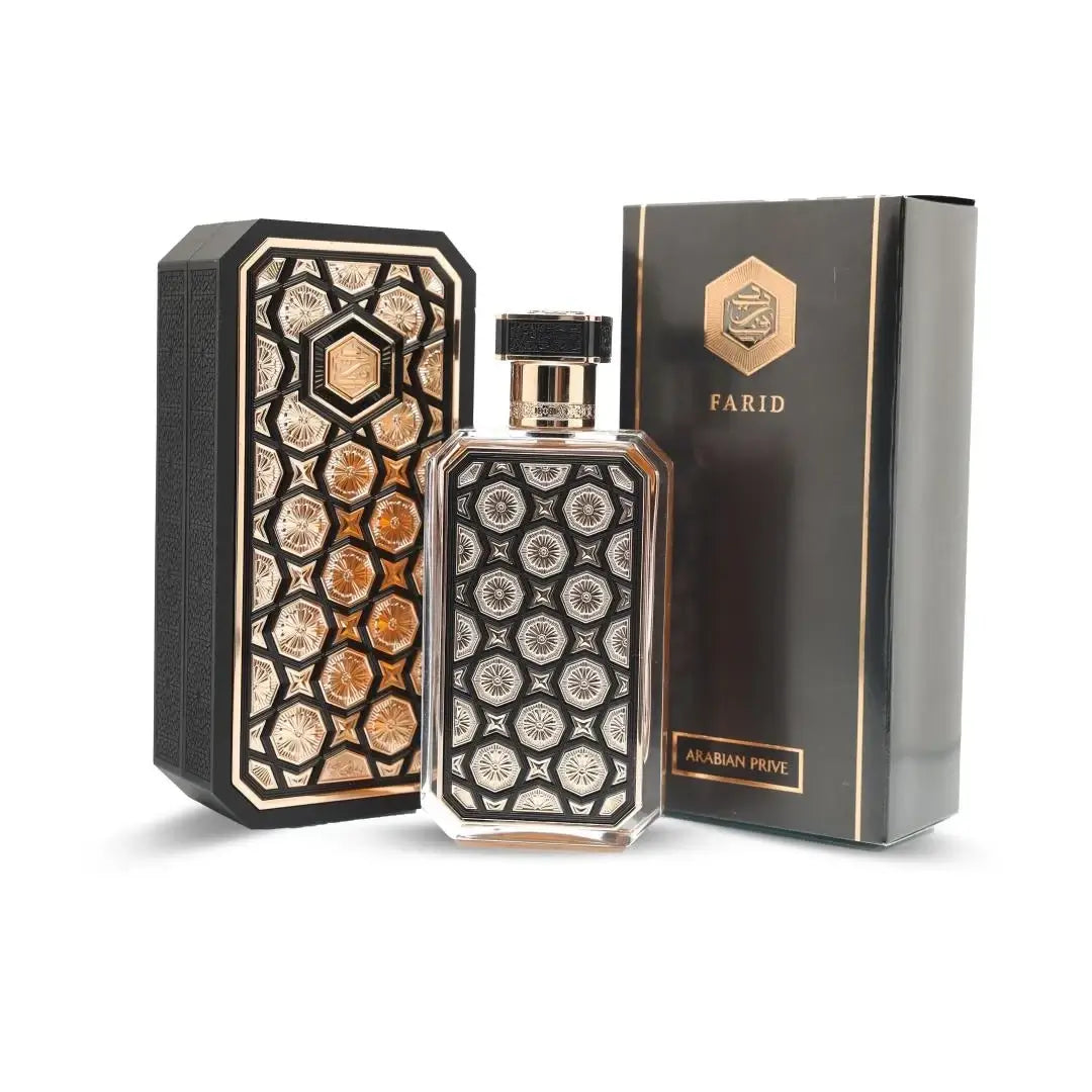 Perfume bottle with decorative packaging and 'FARID' branding on a white background by Rasasi