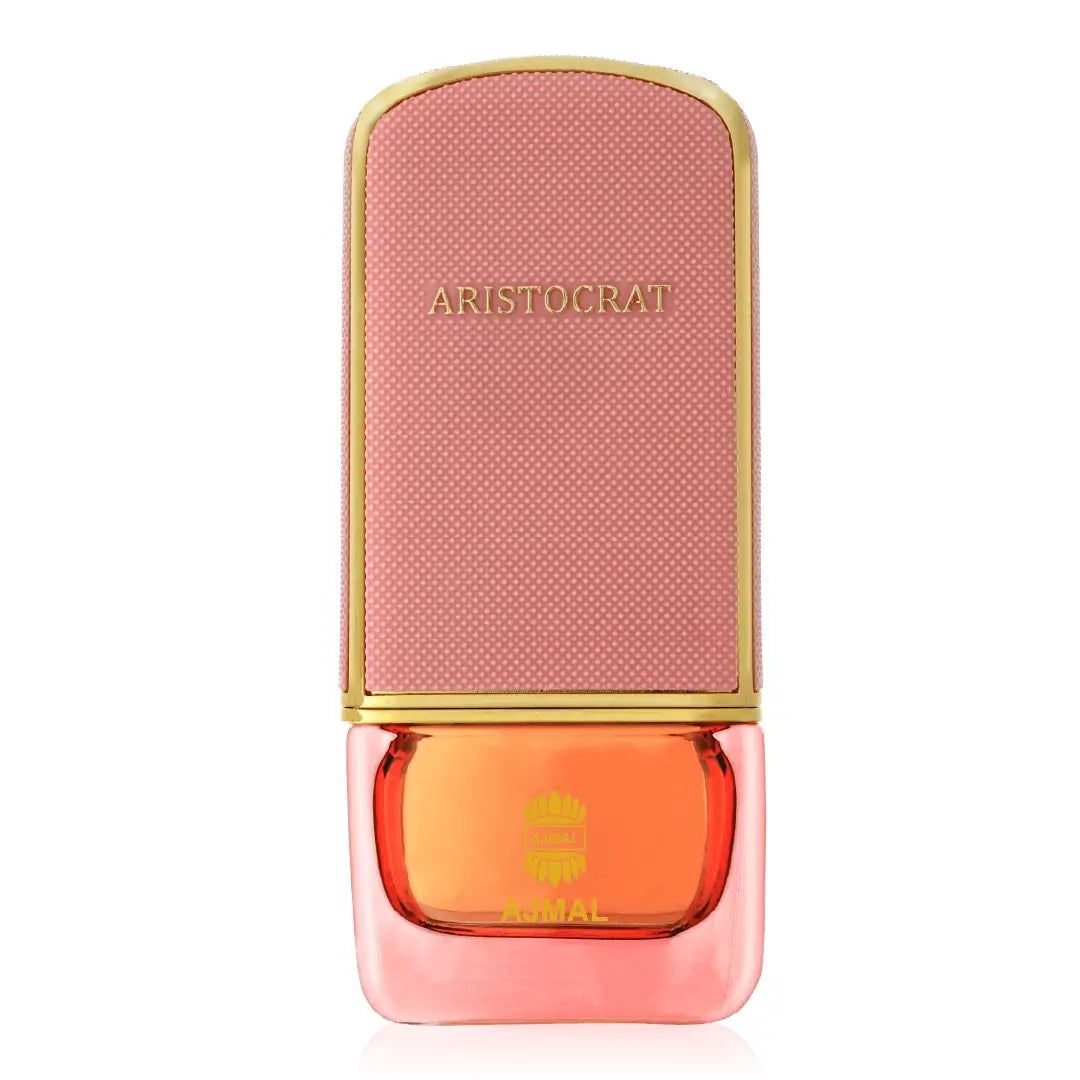 'Aristocrat Pink' perfume bottle in a white background with 'Ajmal' branding