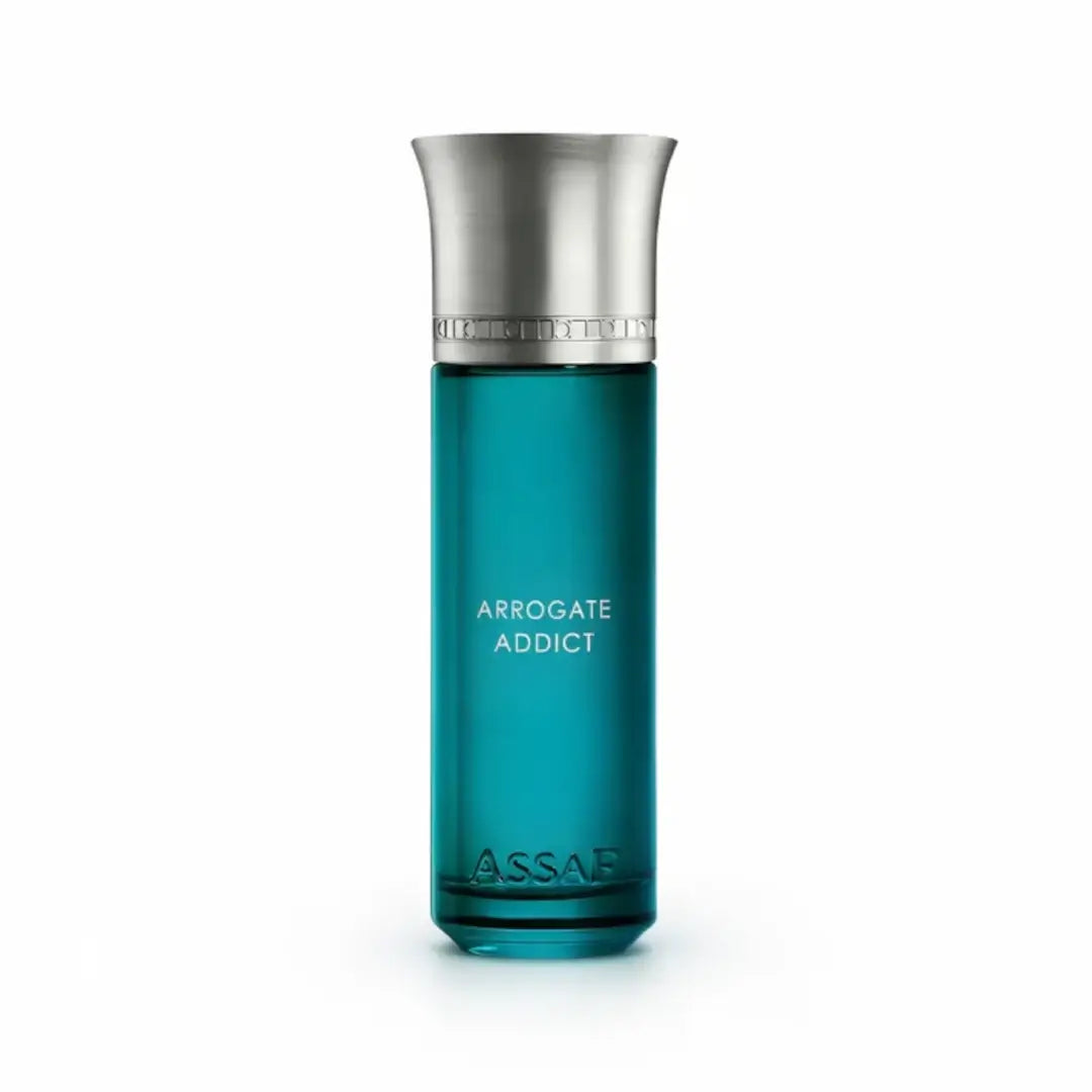 'Arrogate Addict' perfume bottle on a white background with 'Assaf' branding
