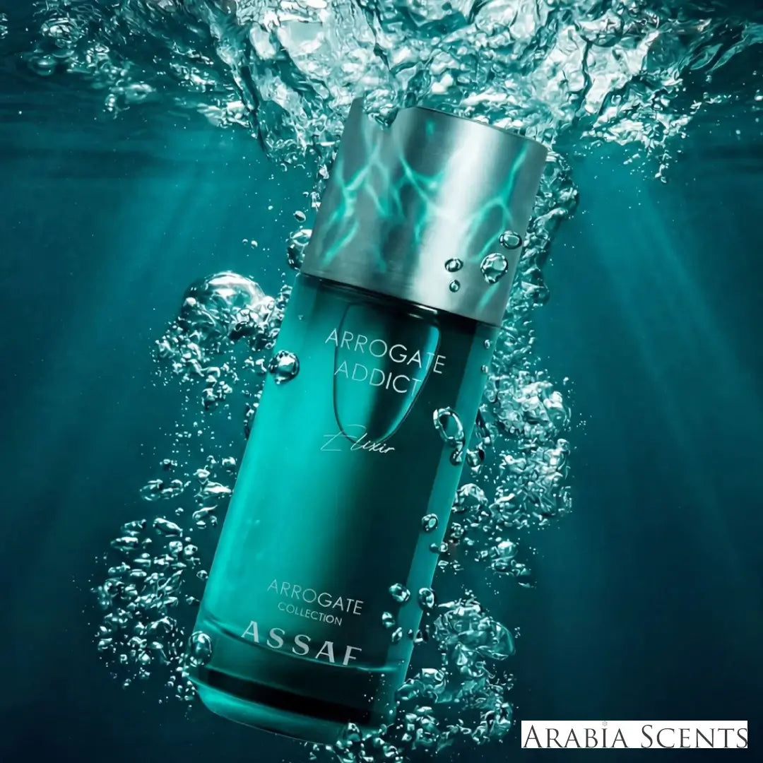'Arrogate Addict Elixir' perfume bottle  with 'Assaf' branding featured by 'Arabiascents'