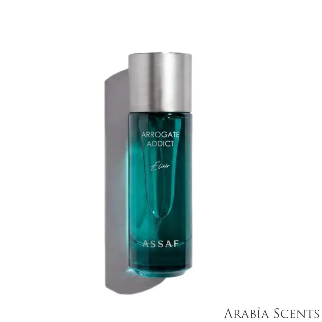 'Arrogate Addict Elixir' perfume bottle on a white background with 'Assaf' branding featured by 'Arabiascents'