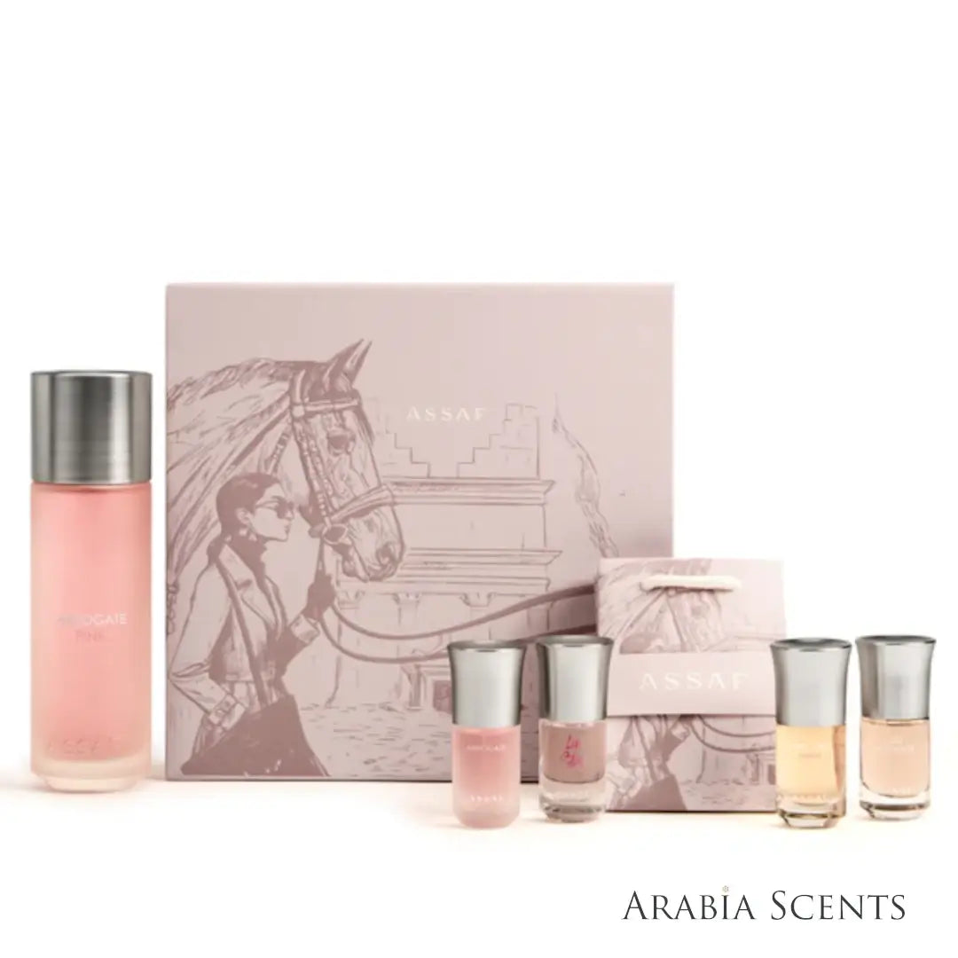 'Arrogate Pink Collection' set on a white background with 'Assaf' branding featured by 'Arabiascents'