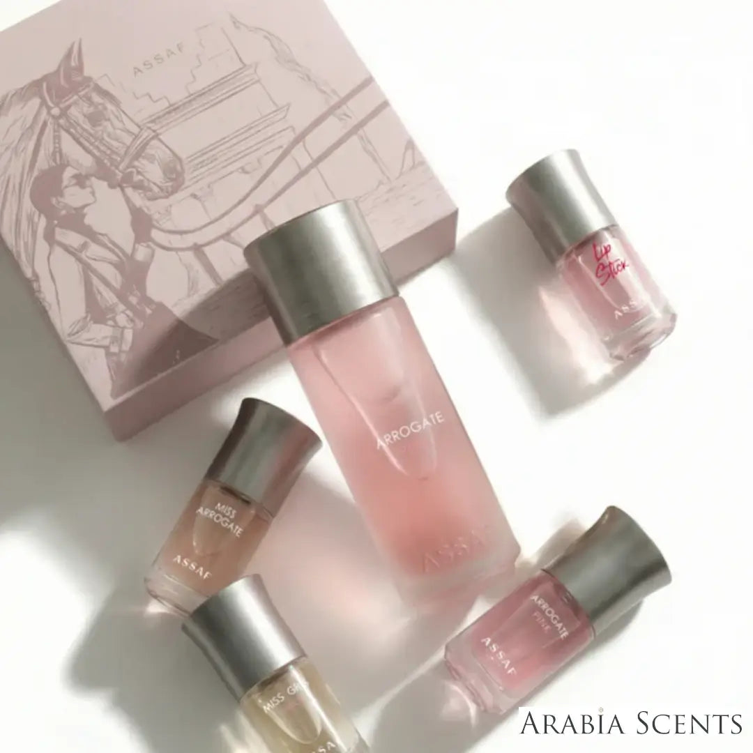 'Arrogate Pink Collection' set on a white background with 'Assaf' branding featured by 'Arabiascents'