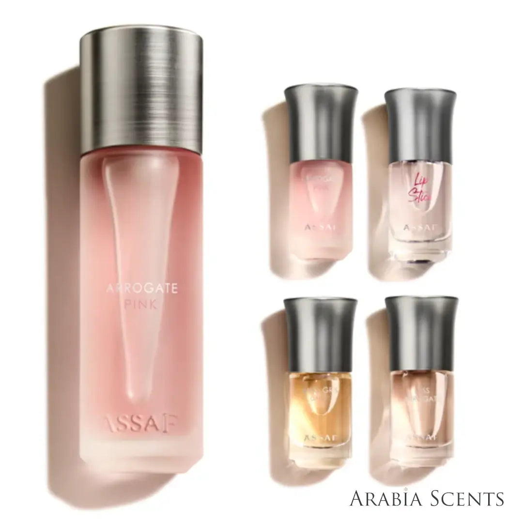 'Arrogate Pink Collection' perfume bottles on a white background with 'Assaf' branding featured by 'Arabiascents'