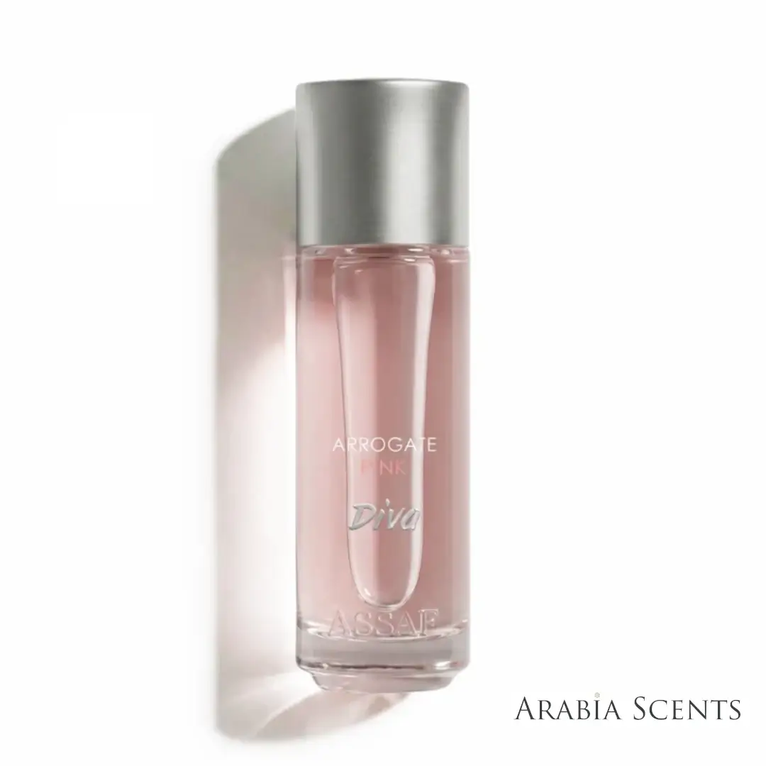 'Arrogate Pink Diva' perfume bottle on a white background with 'Assaf' branding featured by 'Arabiascents'