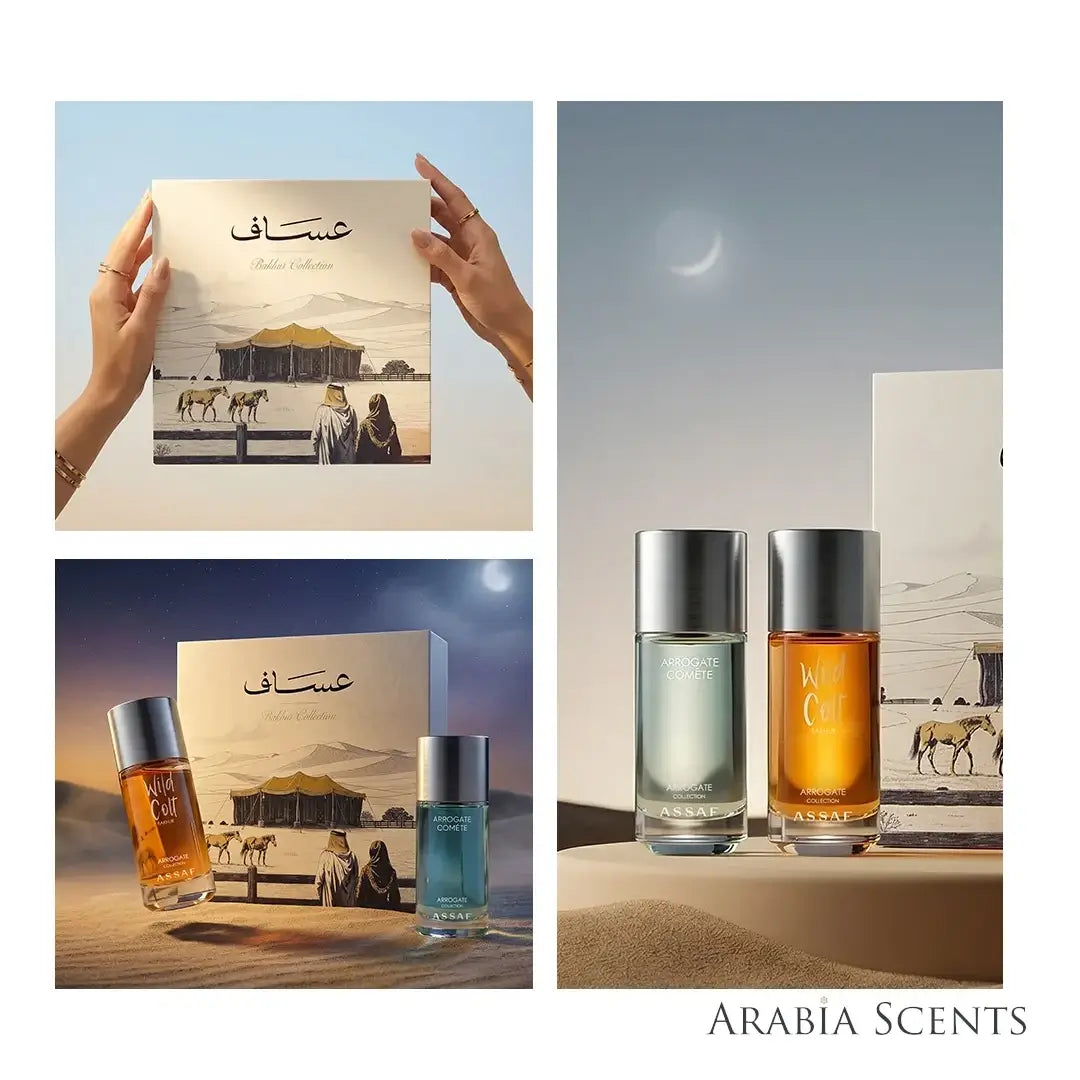 'Assaf Bakhur Collection' including 'Wild Colt Bakhur' & 'Arrogate Comete' perfume bottles on a white background with 'Assaf' branding featured by 'Arabiascents' 