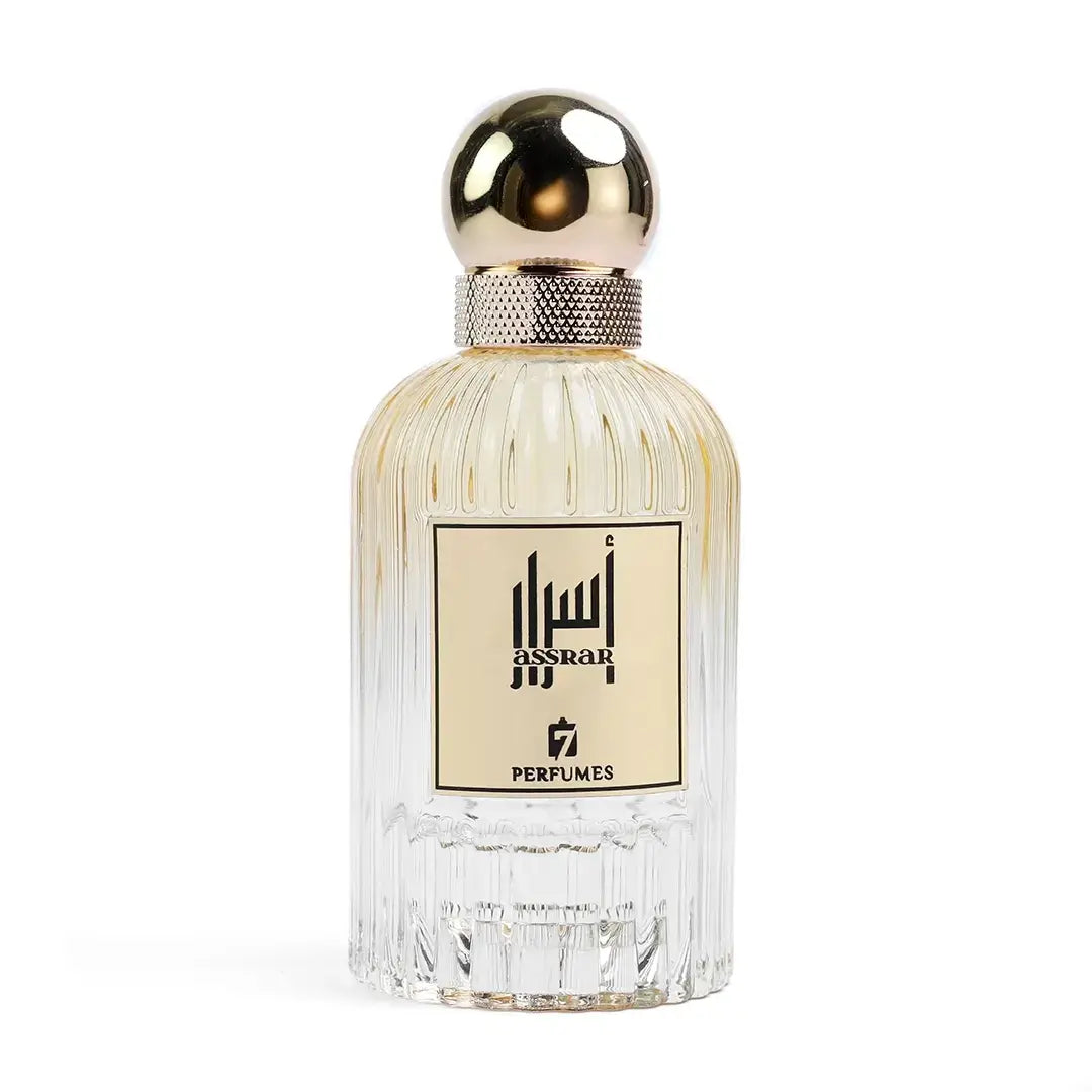 Perfume bottle with gold cap and 'Assrar' label on a white background with 7Perfumes branding