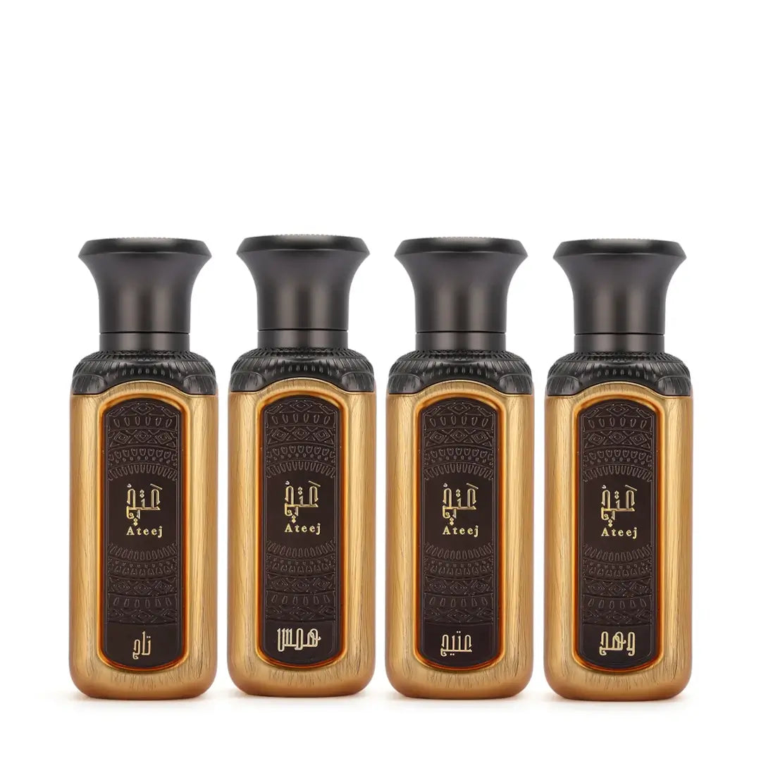 Four bottles of 'Ateej Set' on a white background with Ateej branding