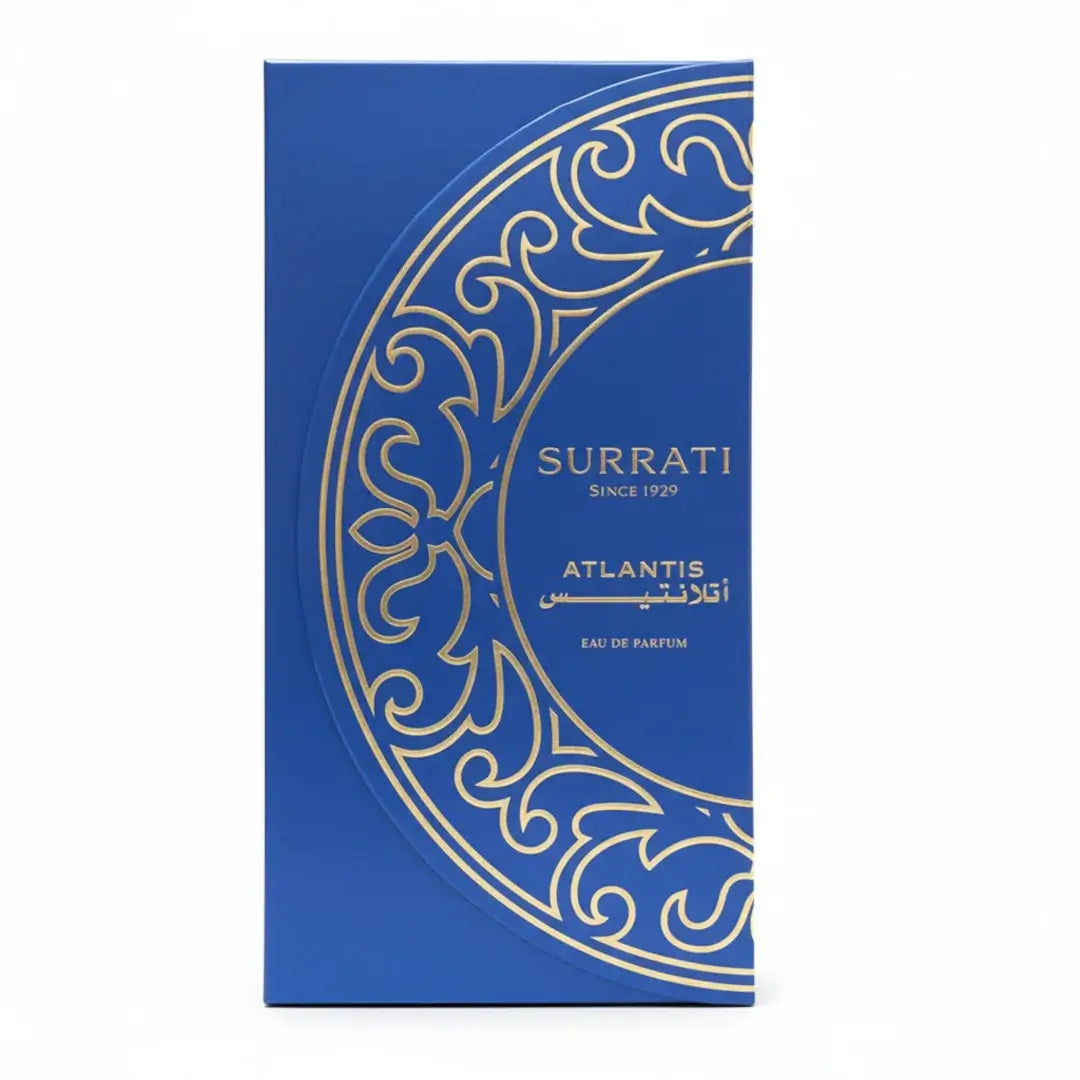 'Atlantis' perfume packaging  on a white background with 'Surrati' branding