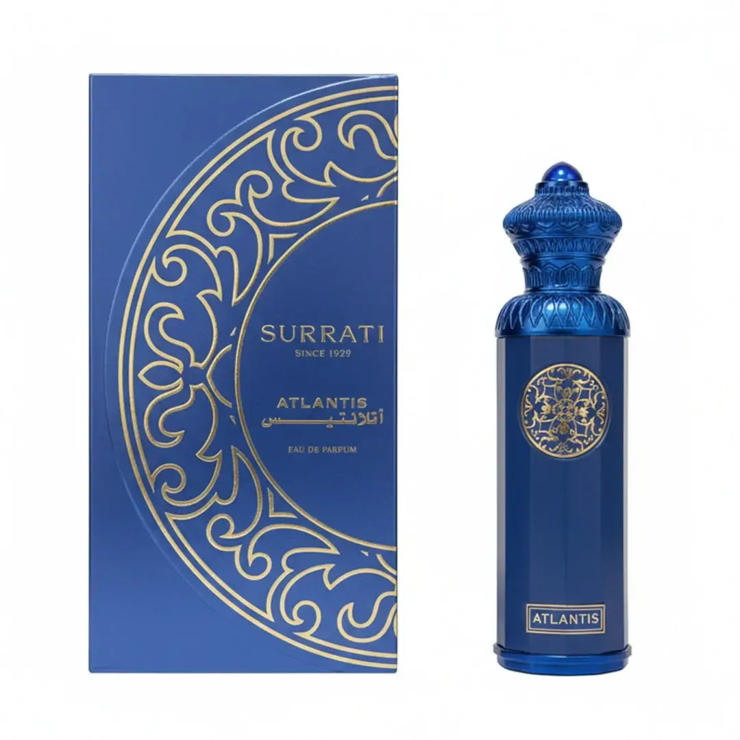 'Atlantis' perfume bottle & packaging  on a white background with 'Surrati' branding