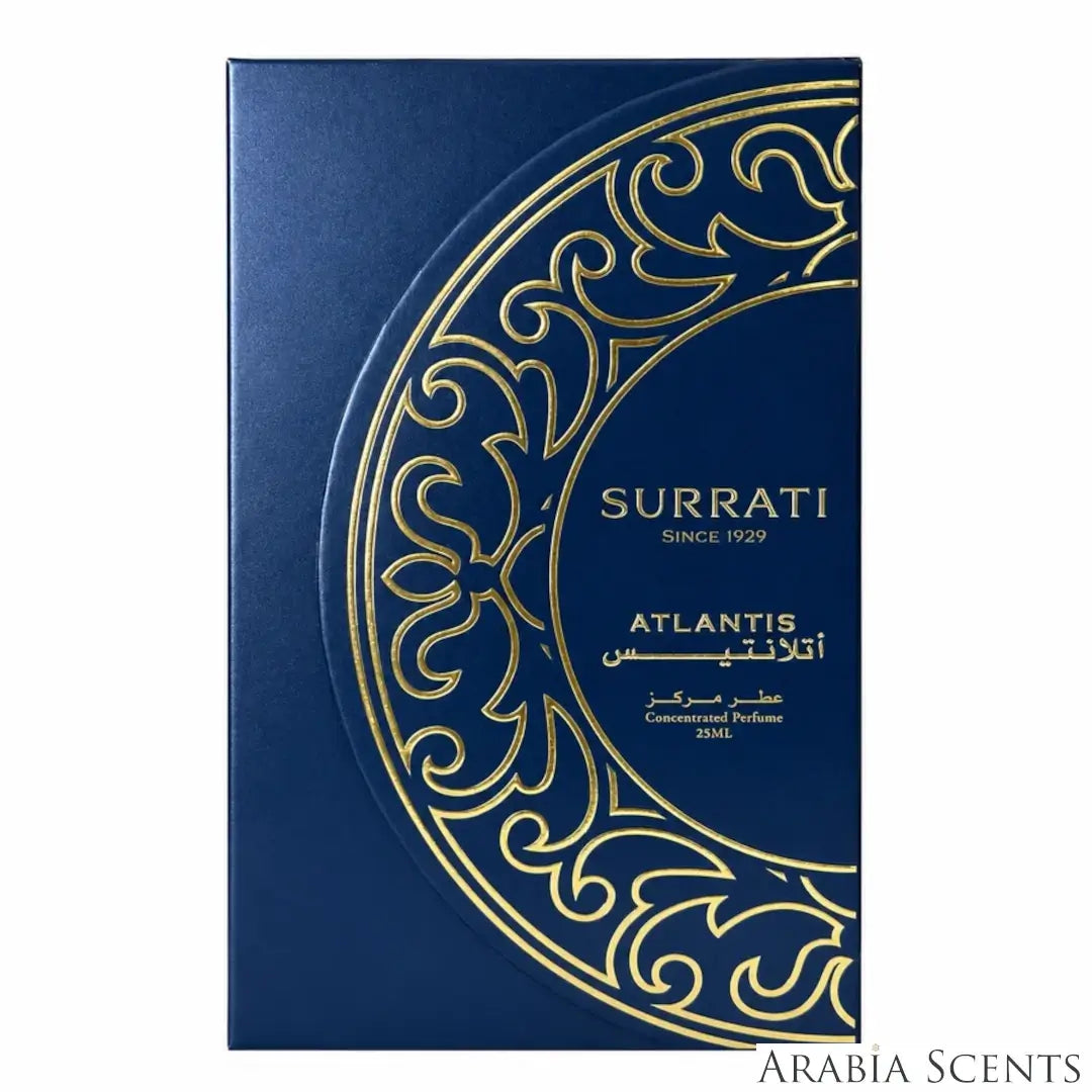 'Atlantis' perfume oil packaging on a white background with 'Surrati' branding featured by 'Arabiascents'