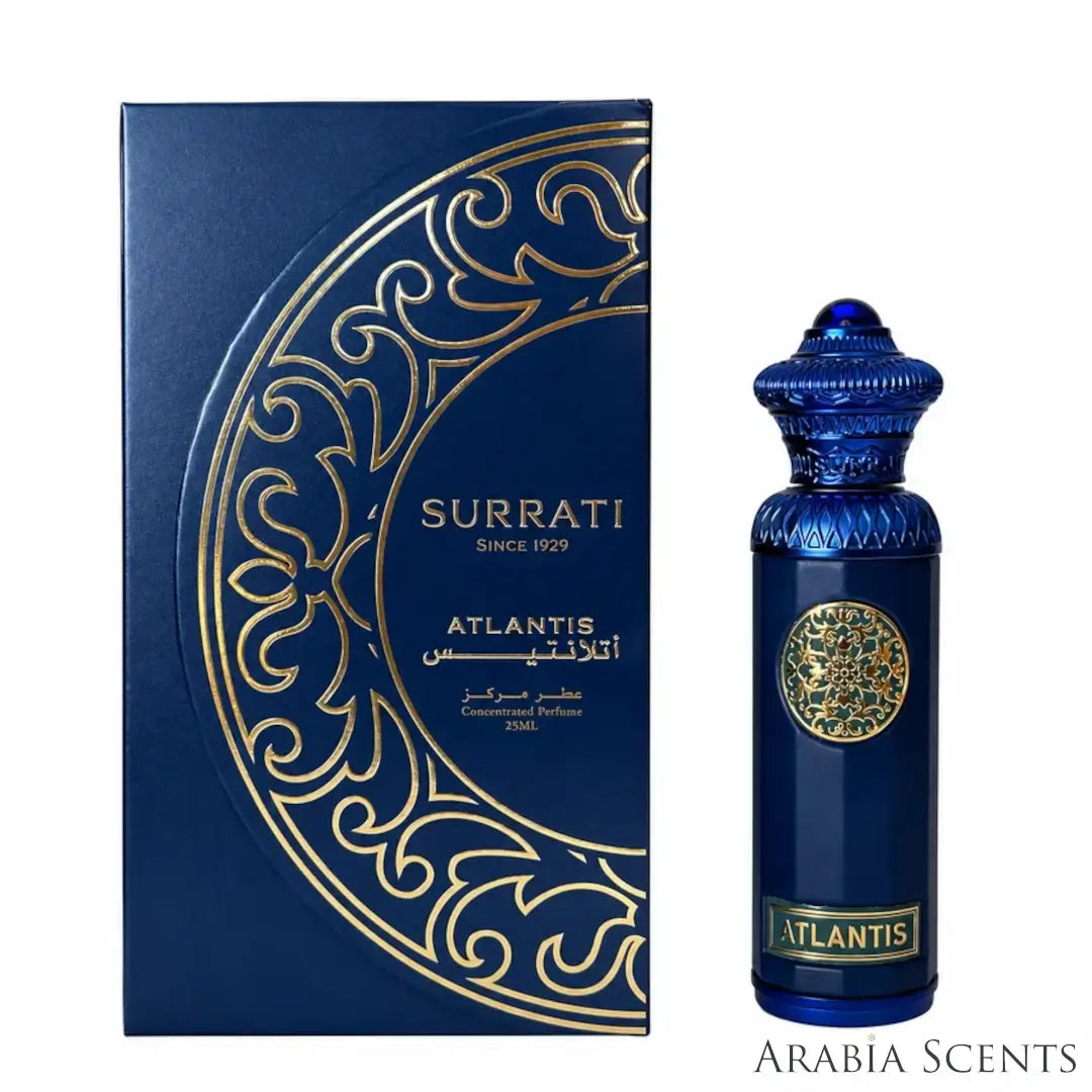 'Atlantis' perfume oil bottle & packaging on a white background with 'Surrati' branding featured by 'Arabiascents'