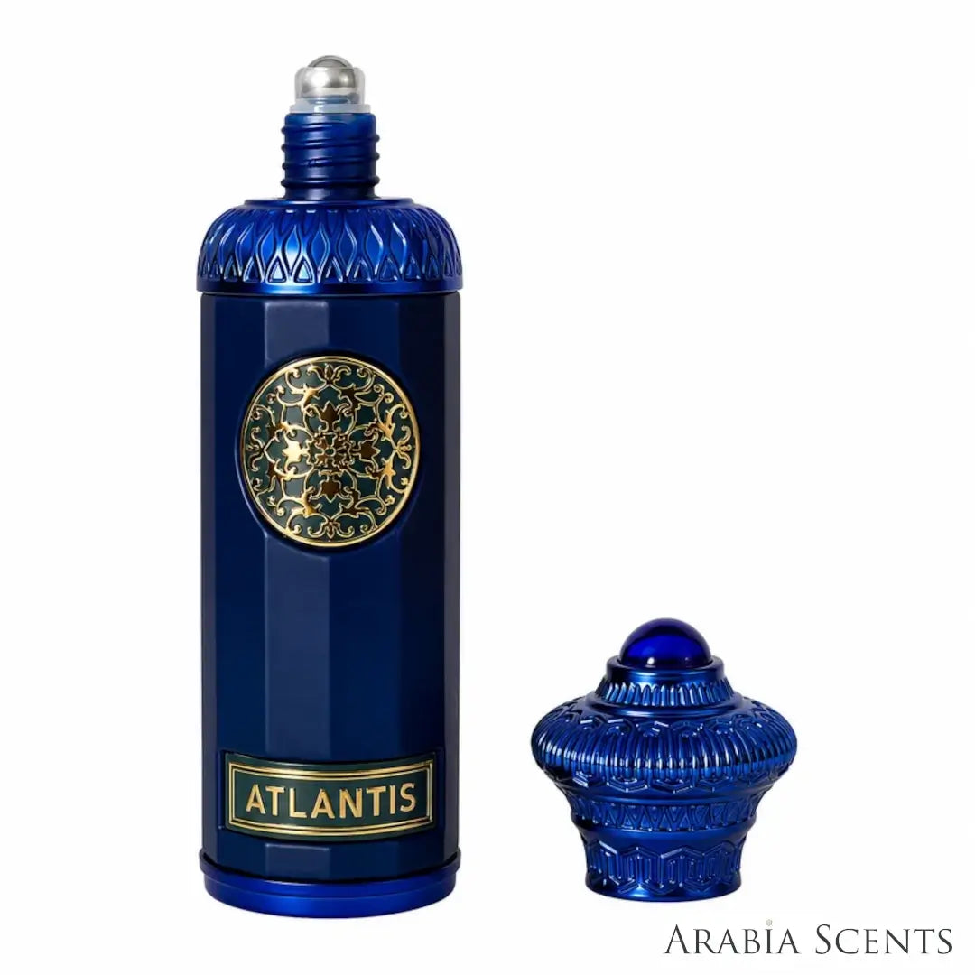 'Atlantis' perfume oil bottle on a white background with 'Surrati' branding featured by 'Arabiascents'