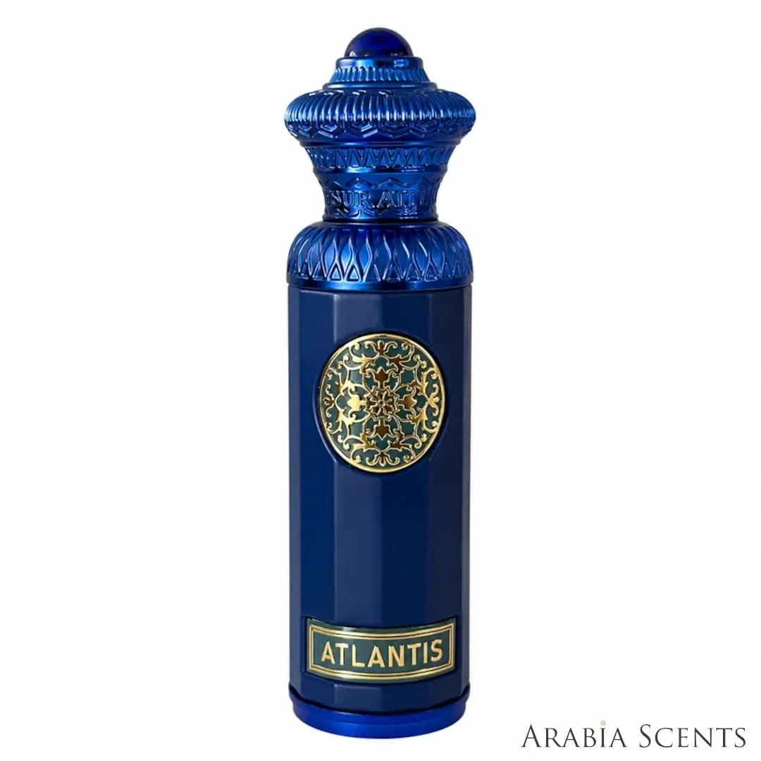 'Atlantis' perfume oil bottle on a white background with 'Surrati' branding featured by 'Arabiascents'