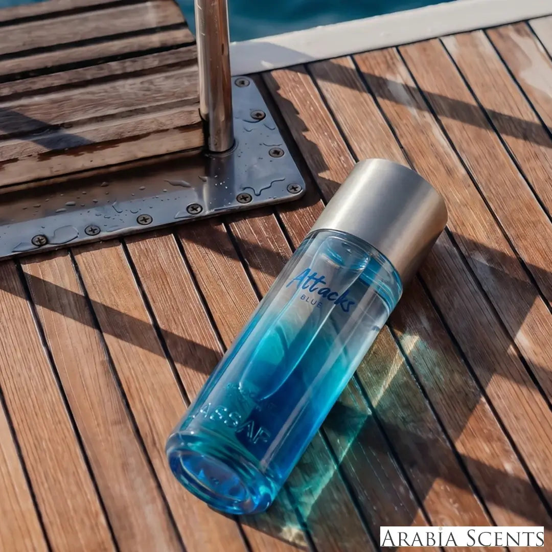 'Attacks Blue' perfume bottle with 'Assaf' branding featured by 'Arabiascents' 
