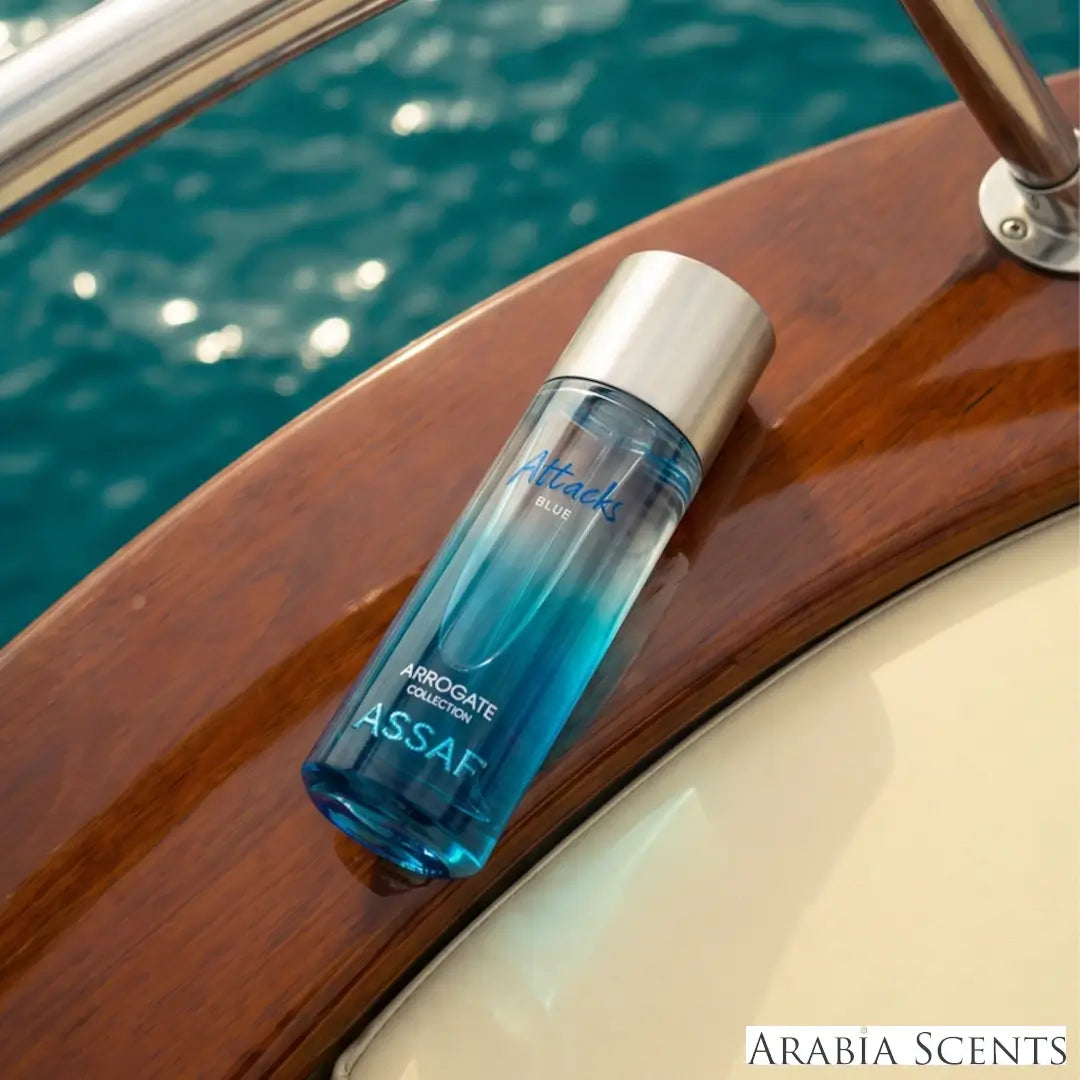 'Attacks Blue' perfume bottle with 'Assaf' branding featured by 'Arabiascents' 