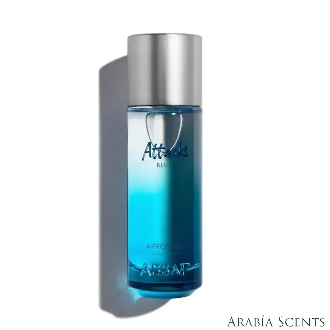 'Attacks Blue' perfume bottle on a white background with 'Assaf' branding featured by 'Arabiascents' 
