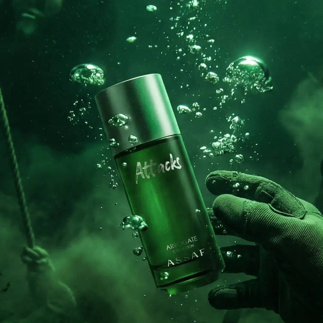 Green bottle labelled 'Attacks' with Assaf branding held by a gloved hand against a green underwater background.