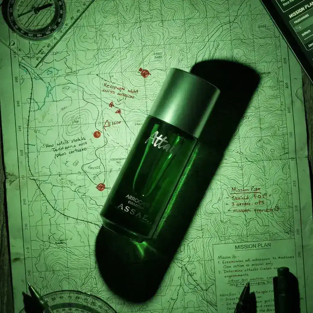 Green bottle labeled 'Attacks' on a topographic map with Assaf branding