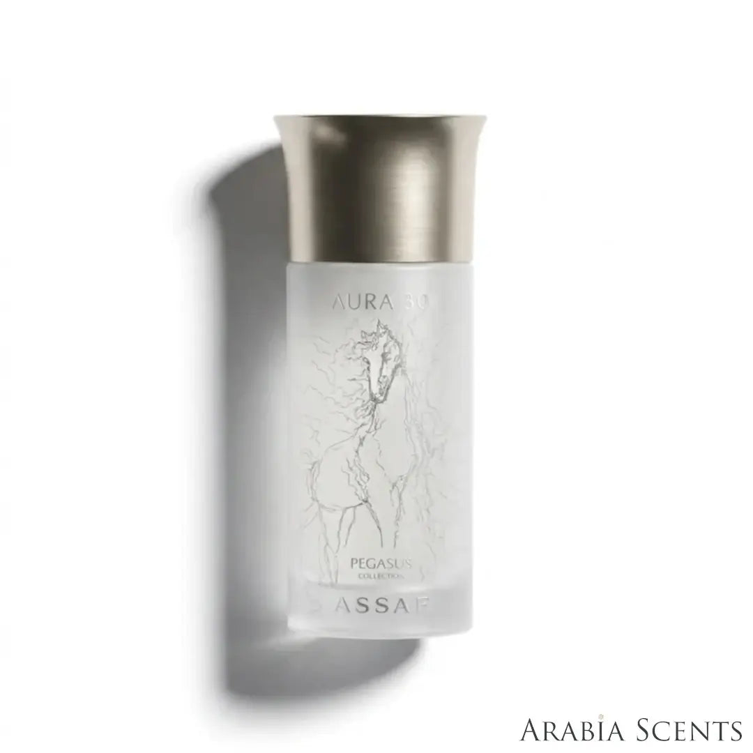 'Aura' perfume bottle on a white background with 'Assaf' branding featured by 'Arabiascents'