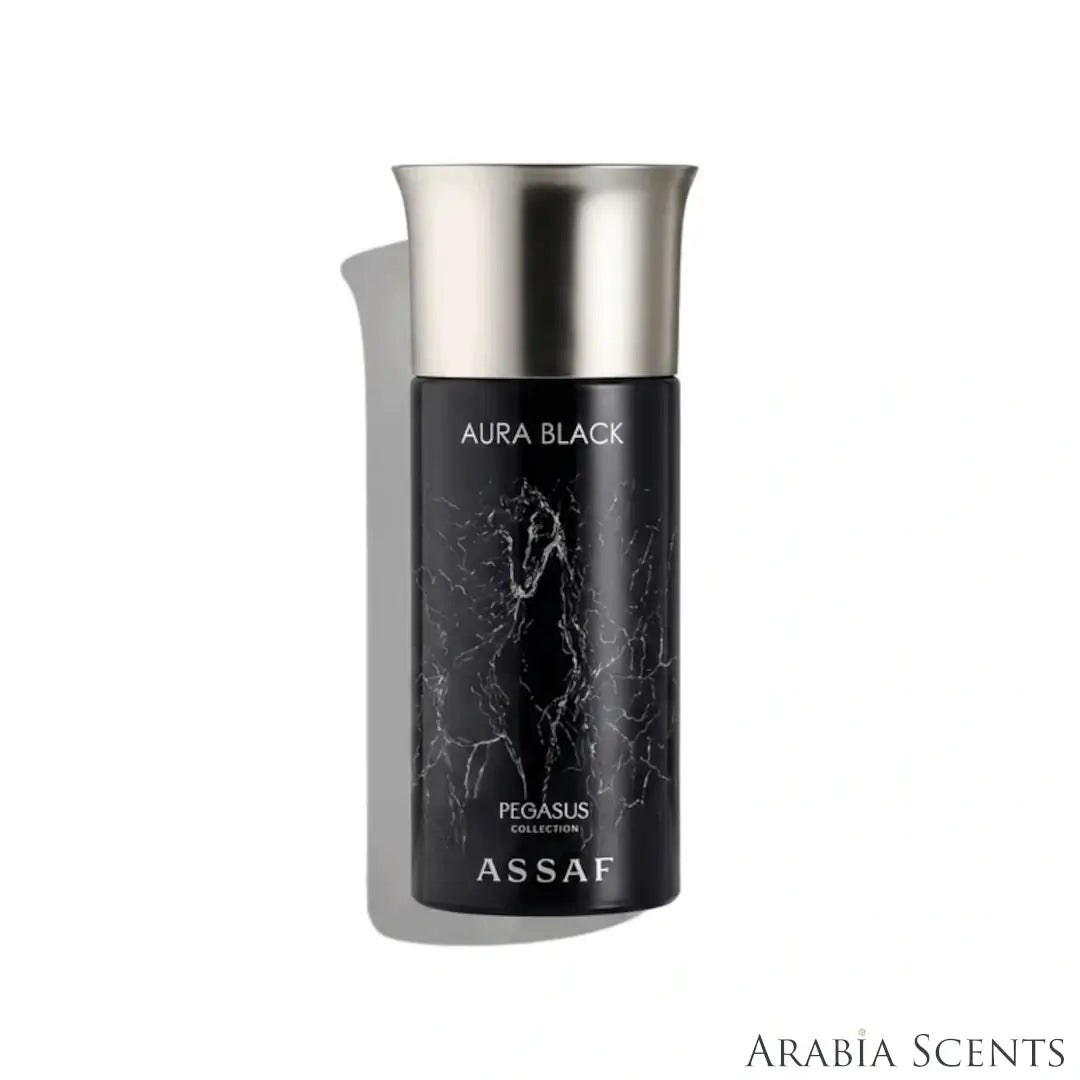 'Aura Black' perfume bottle on a white background with 'Assaf' branding featured by 'Arabiascents'