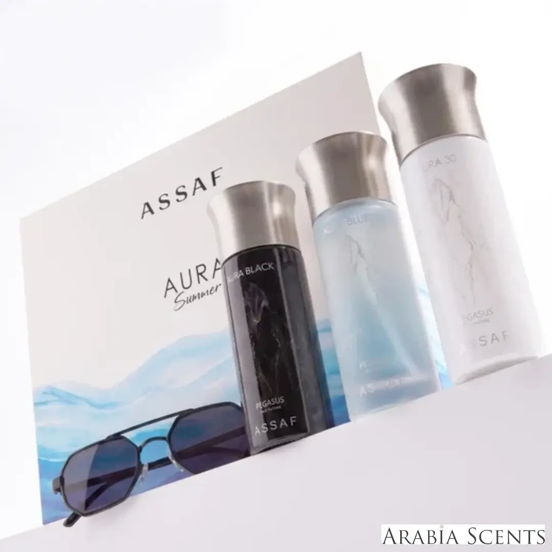'Aura Summer Collection' set on a white background with 'Assaf' branding featured by 'Arabiascents'