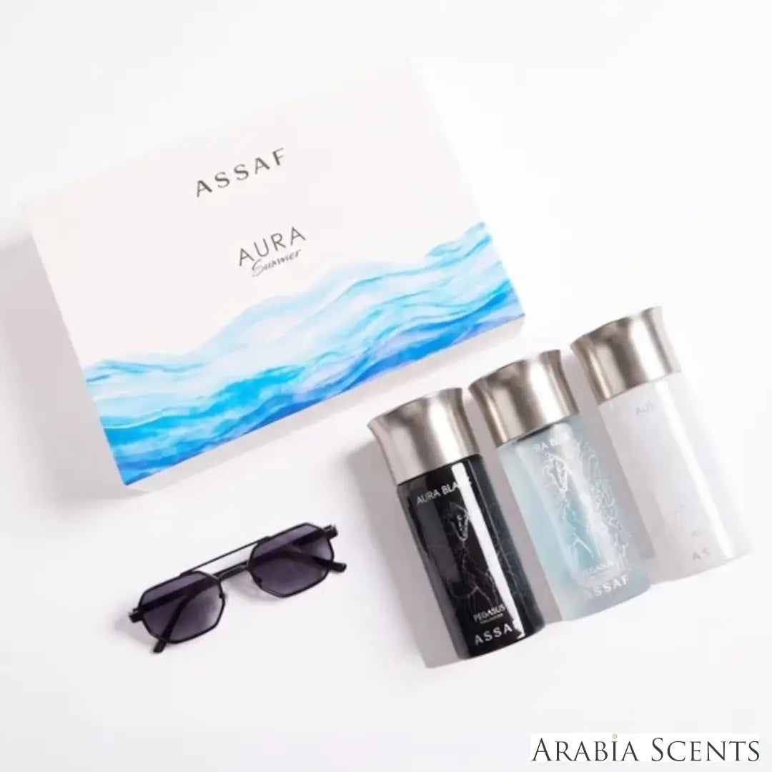 'Aura Summer Collection' set on a white background with 'Assaf' branding featured by 'Arabiascents'