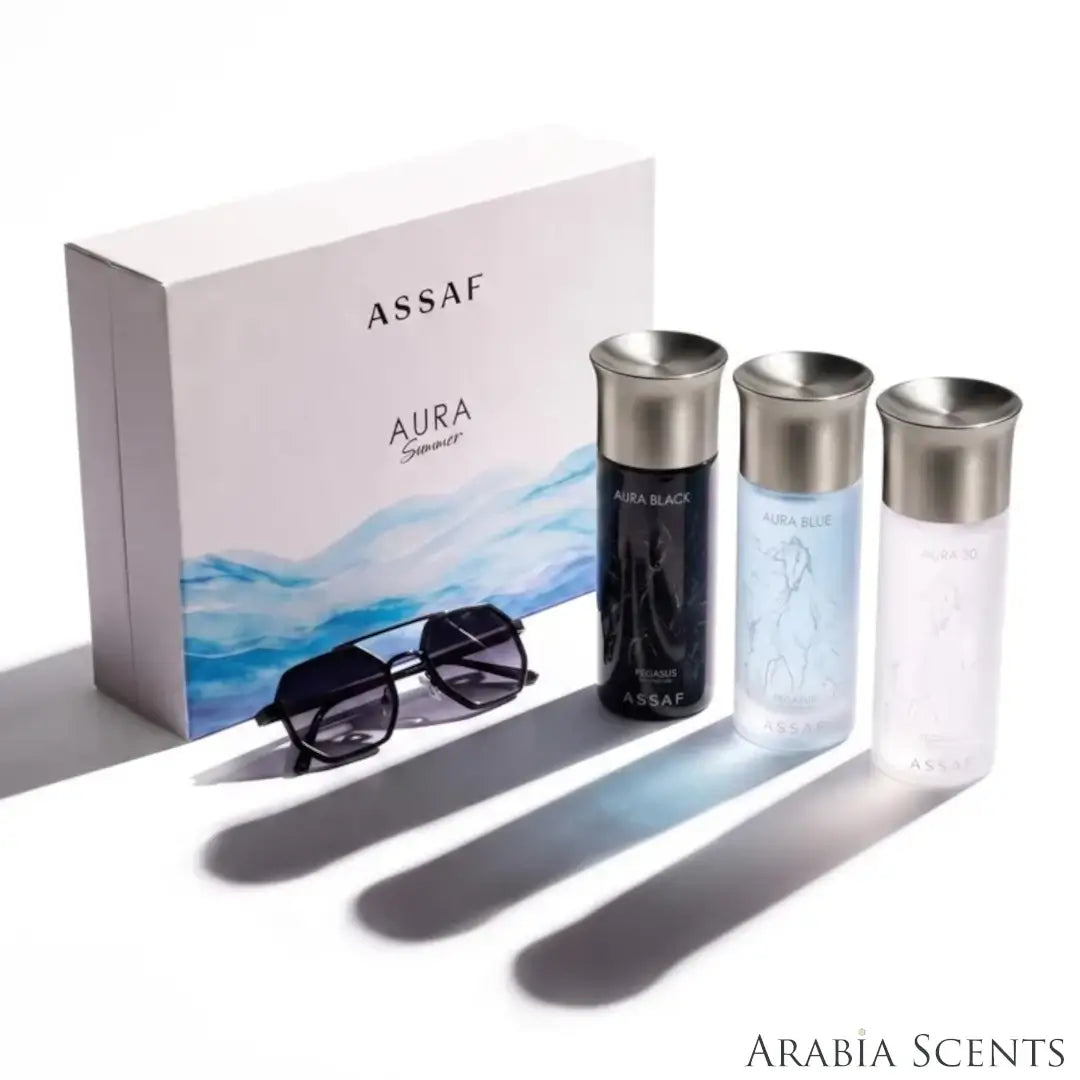 'Aura Summer Collection' set on a white background with 'Assaf' branding featured by 'Arabiascents'