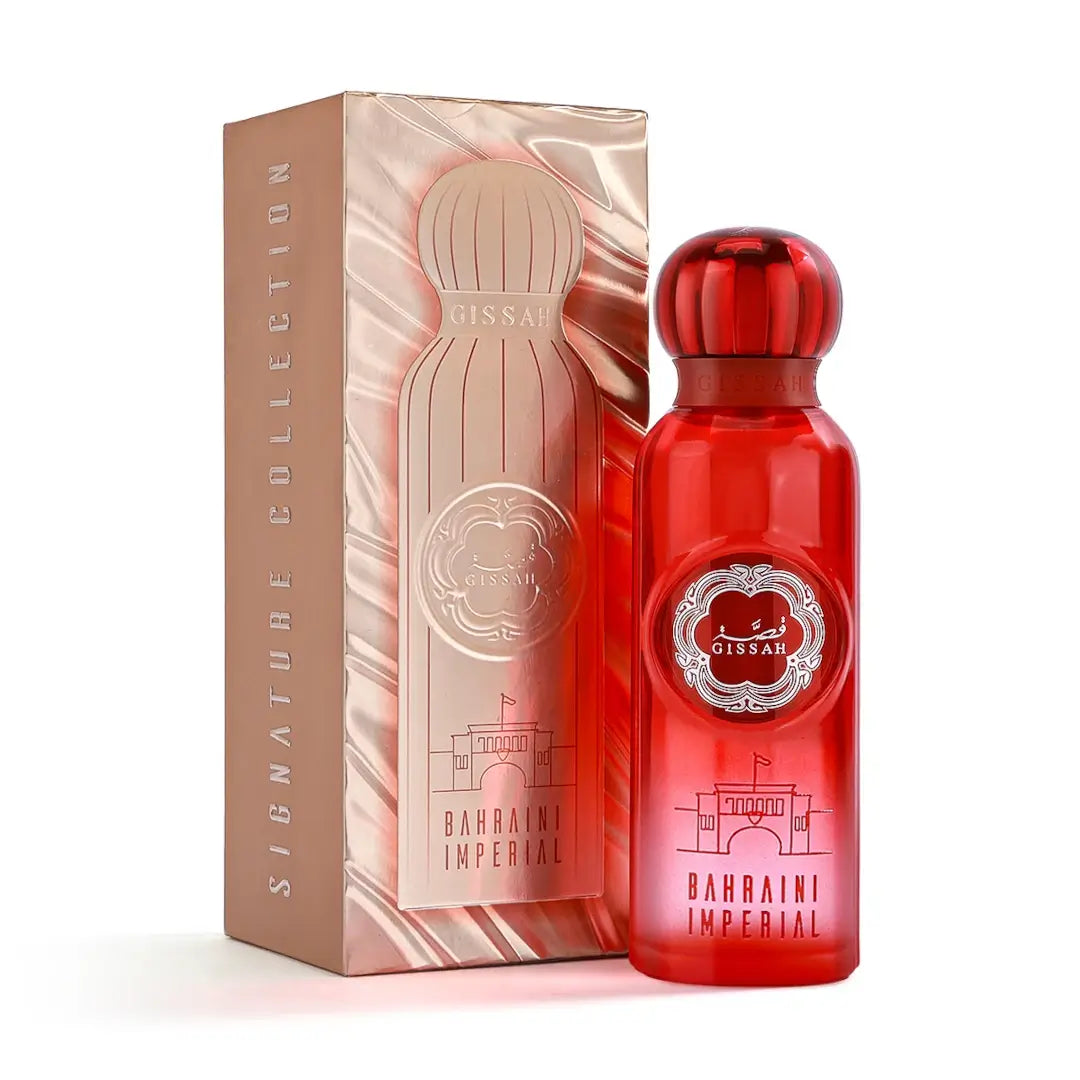 'Bahraini Imperial' Red perfume bottle and packaging with 'Gissah' branding on a white background