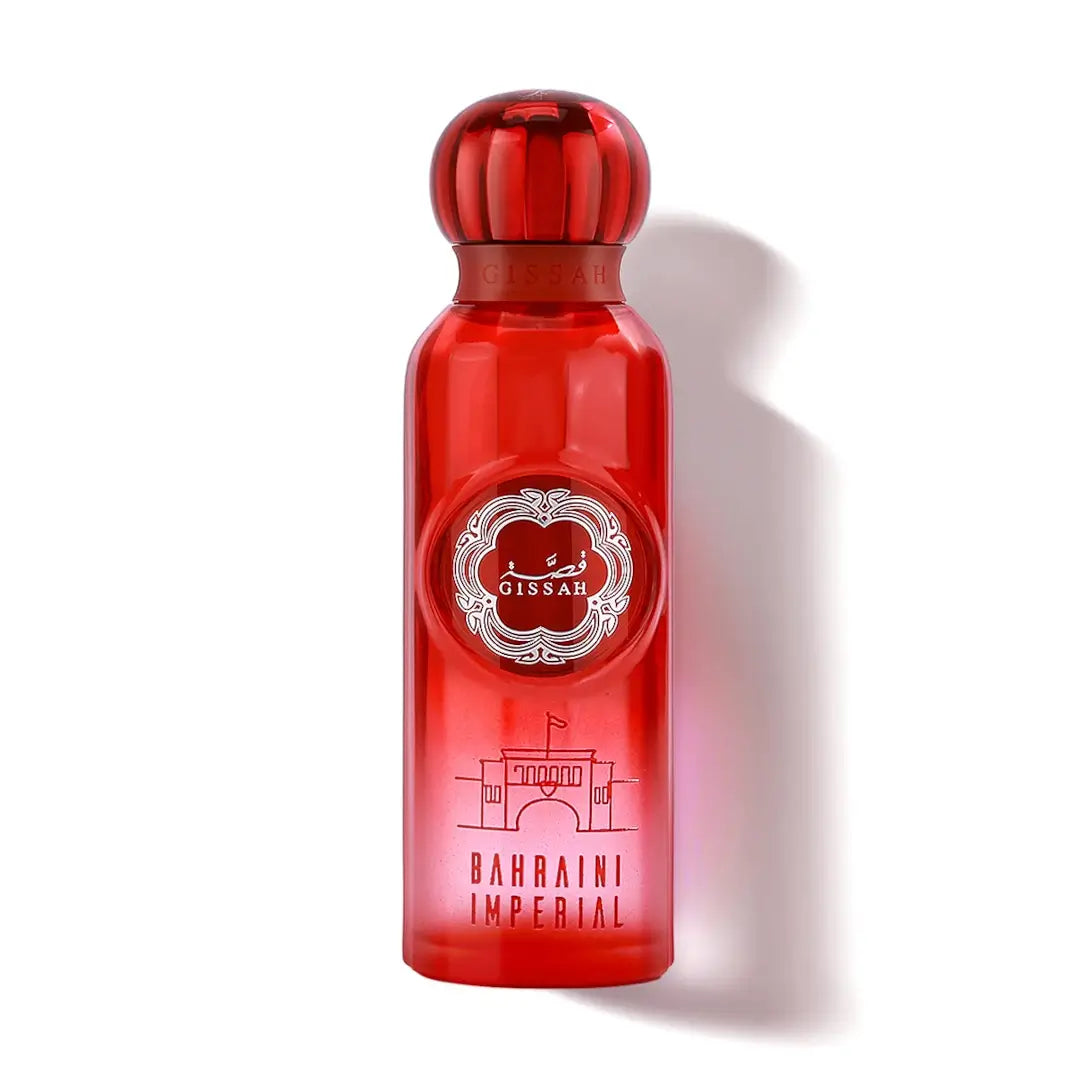 'Bahraini Imperial' Red bottle with a decorative label on a white background by Gissah