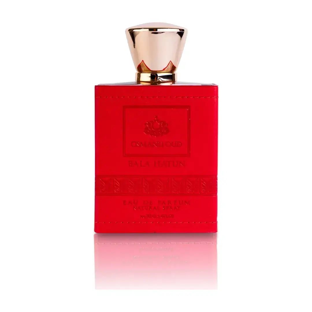 'Bala Hatun' Red perfume bottle with gold cap on a white background branded Osmanli Oud