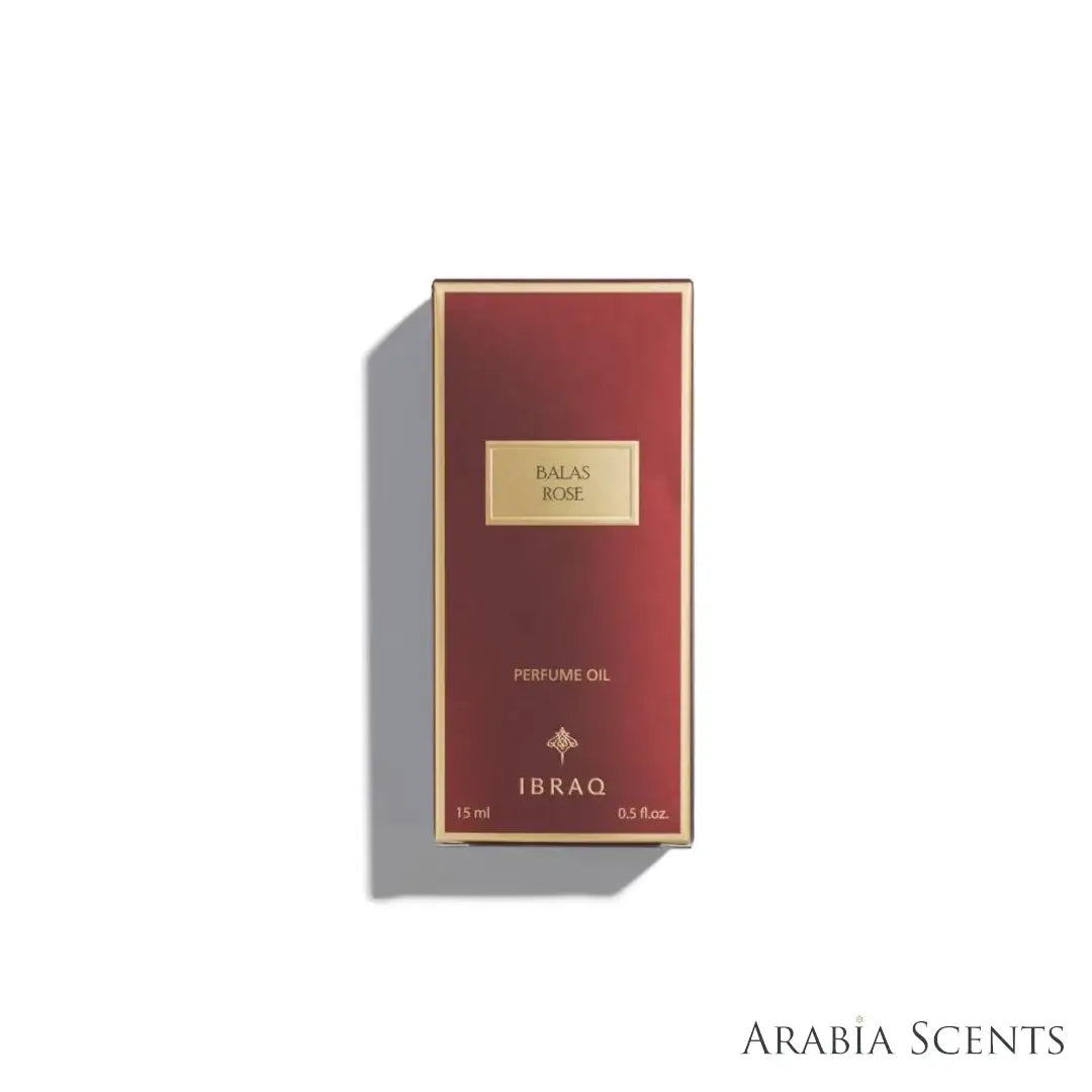 'Balas Rose' oil perfume packaging on a white background with 'IBRAQ' branding featured by 'Arabiascents'