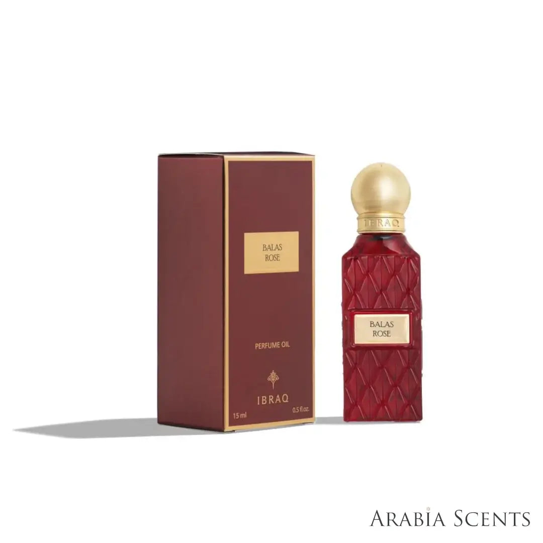 'Balas Rose' oil perfume bottle & packaging on a white background with 'IBRAQ' branding featured by 'Arabiascents'