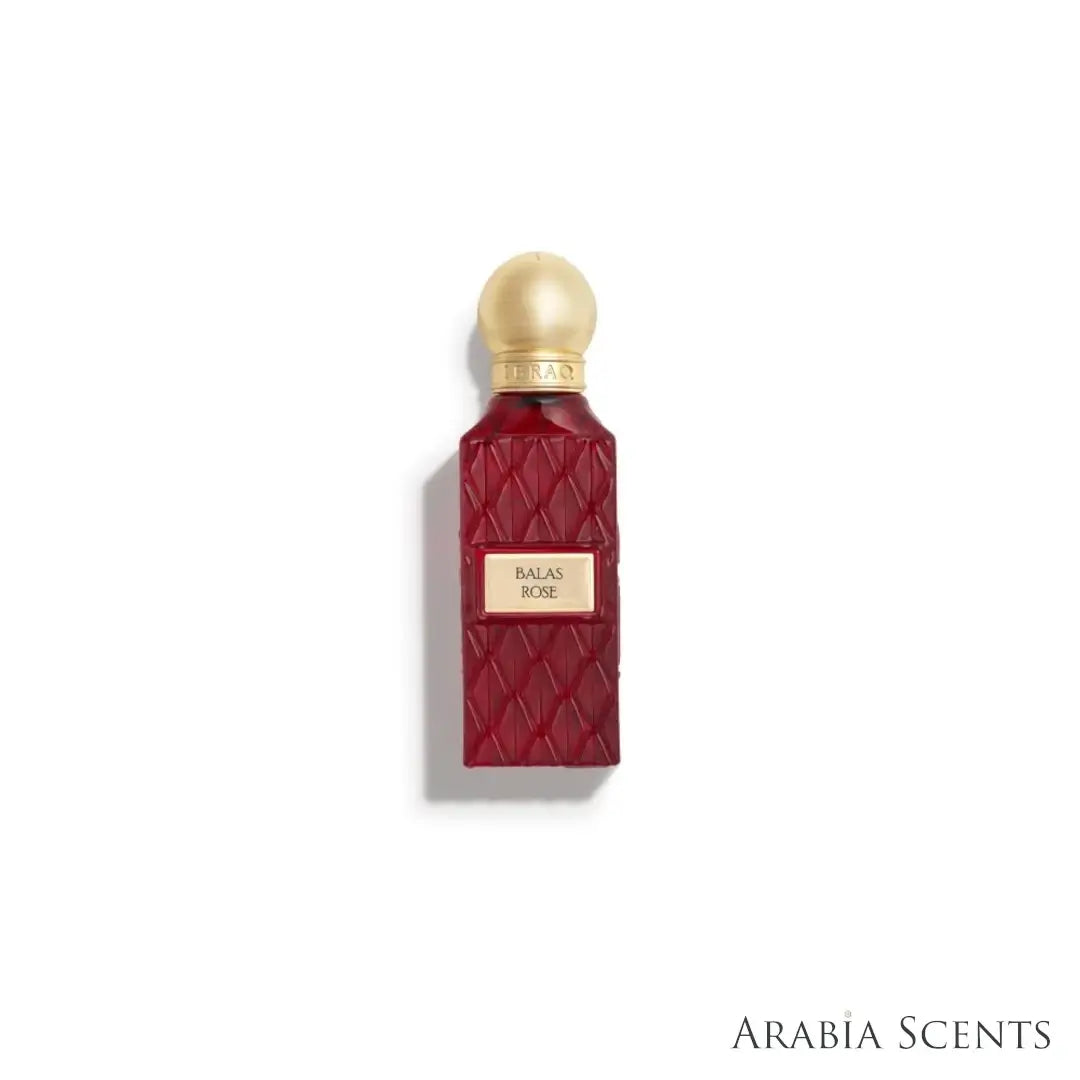 'Balas Rose' oil perfume bottle on a white background with 'IBRAQ' branding featured by 'Arabiascents'