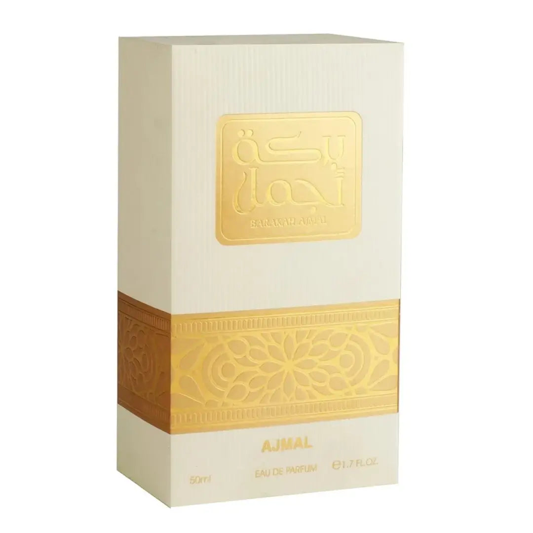 'Barakah' perfume packaging in a white background with 'Ajmal' branding