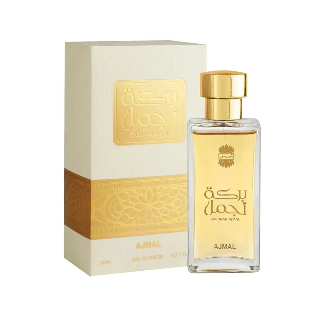 'Barakah' perfume bottle & packaging in a white background with 'Ajmal' branding