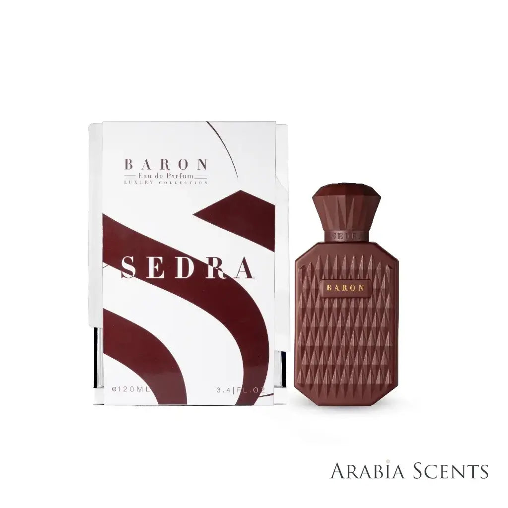 'Baron' perfume bottle & packaging on a white background with 'Sedra' branding featured by 'Arabiascents'