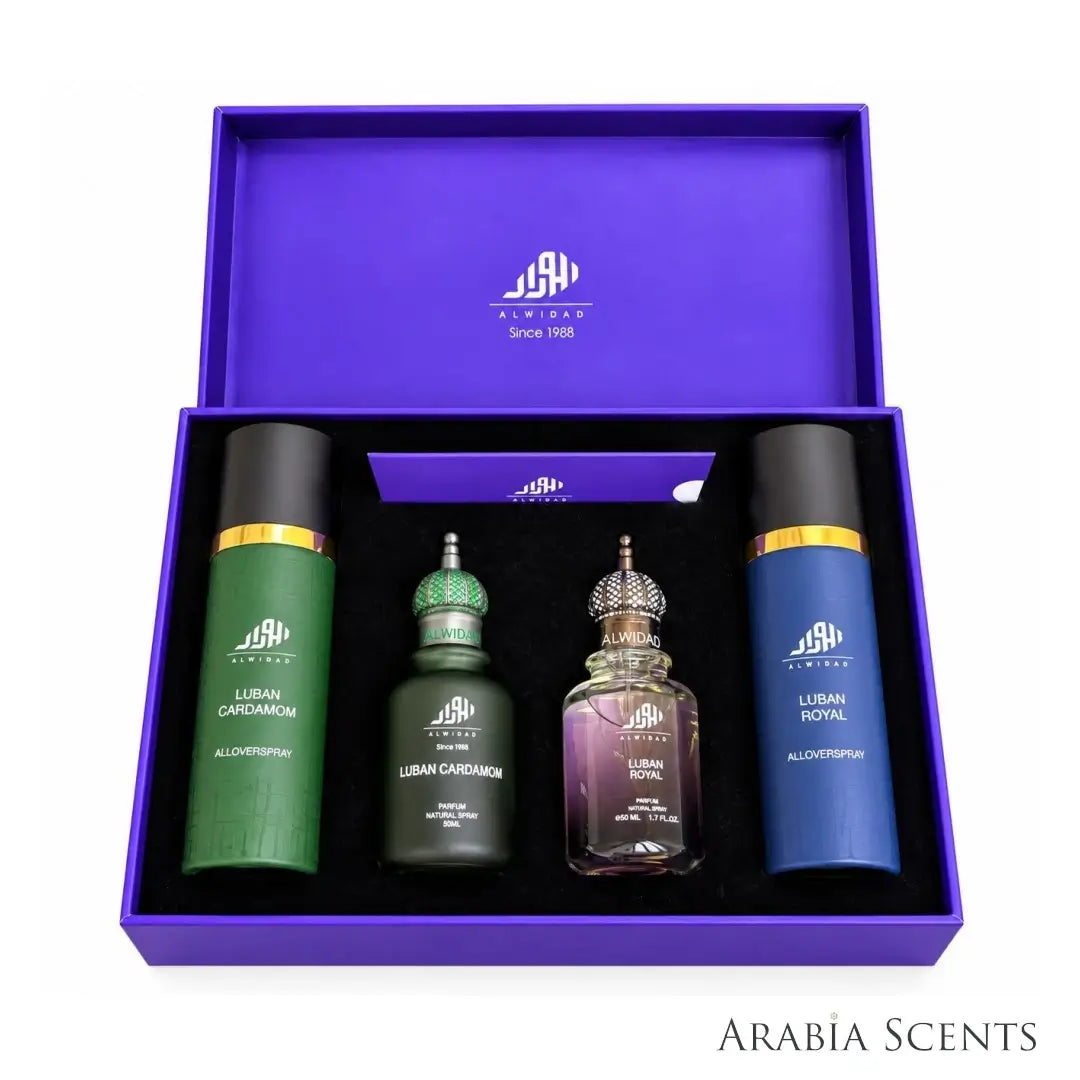 Bayanounah Collection in navy blue box branded Al Widad on a white background featured by 'ArabiaScents'
