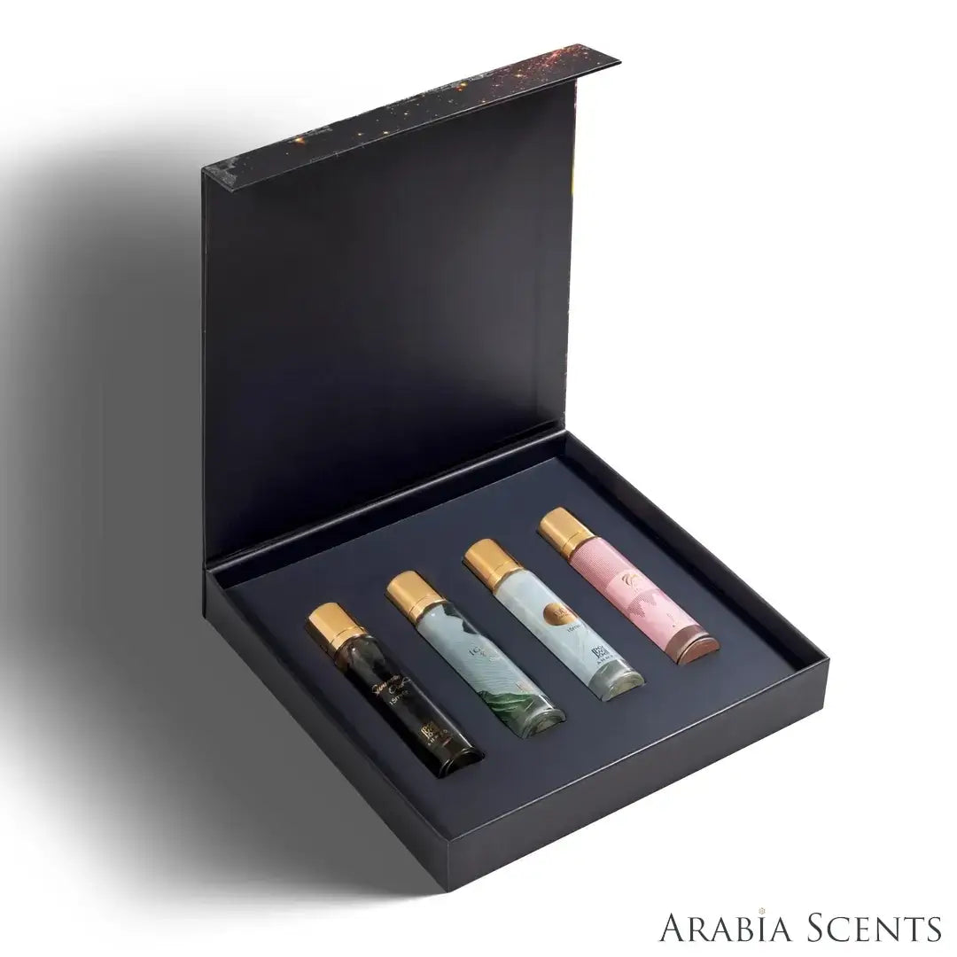 'Beat Of Ahmed Al Maghribi' perfume bottles set & packaging on a white background with 'Ahmed Al Maghribi' branding featured by 'Arabiascents'